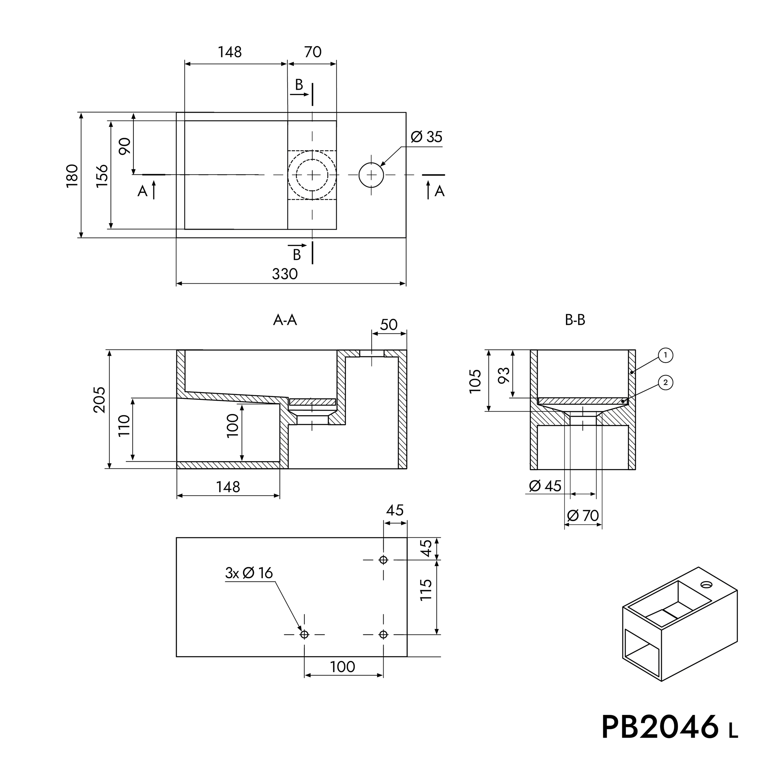 Lavatório de parede PB2046 em fundição mineral