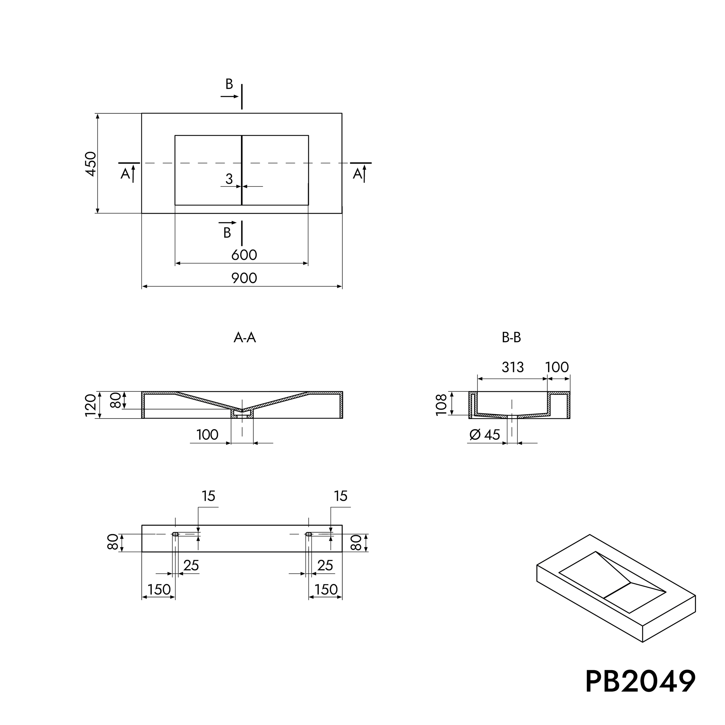 Lavatório de parede PB2049 em fundição mineral