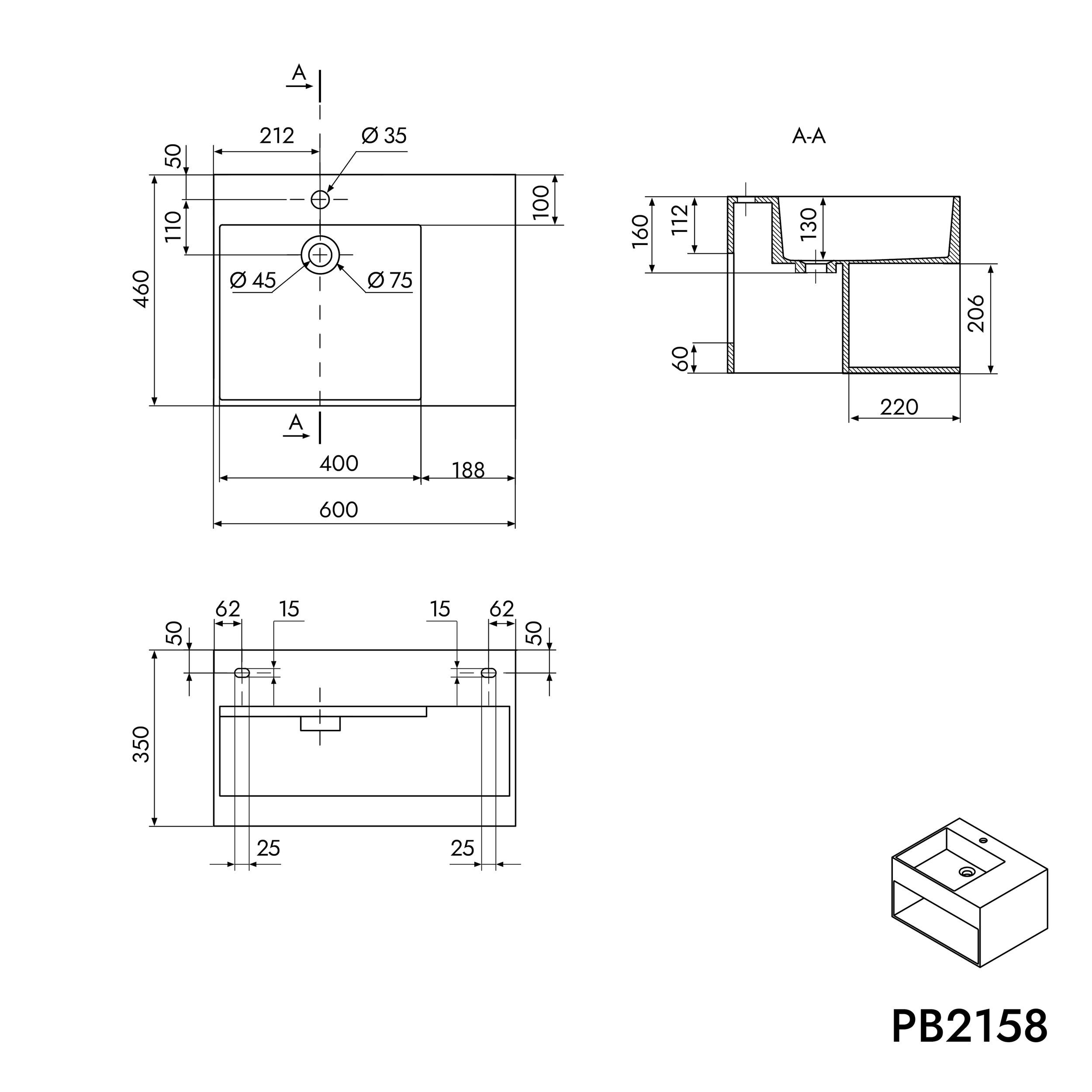 Lavatório de parede PB2158 em fundição mineral