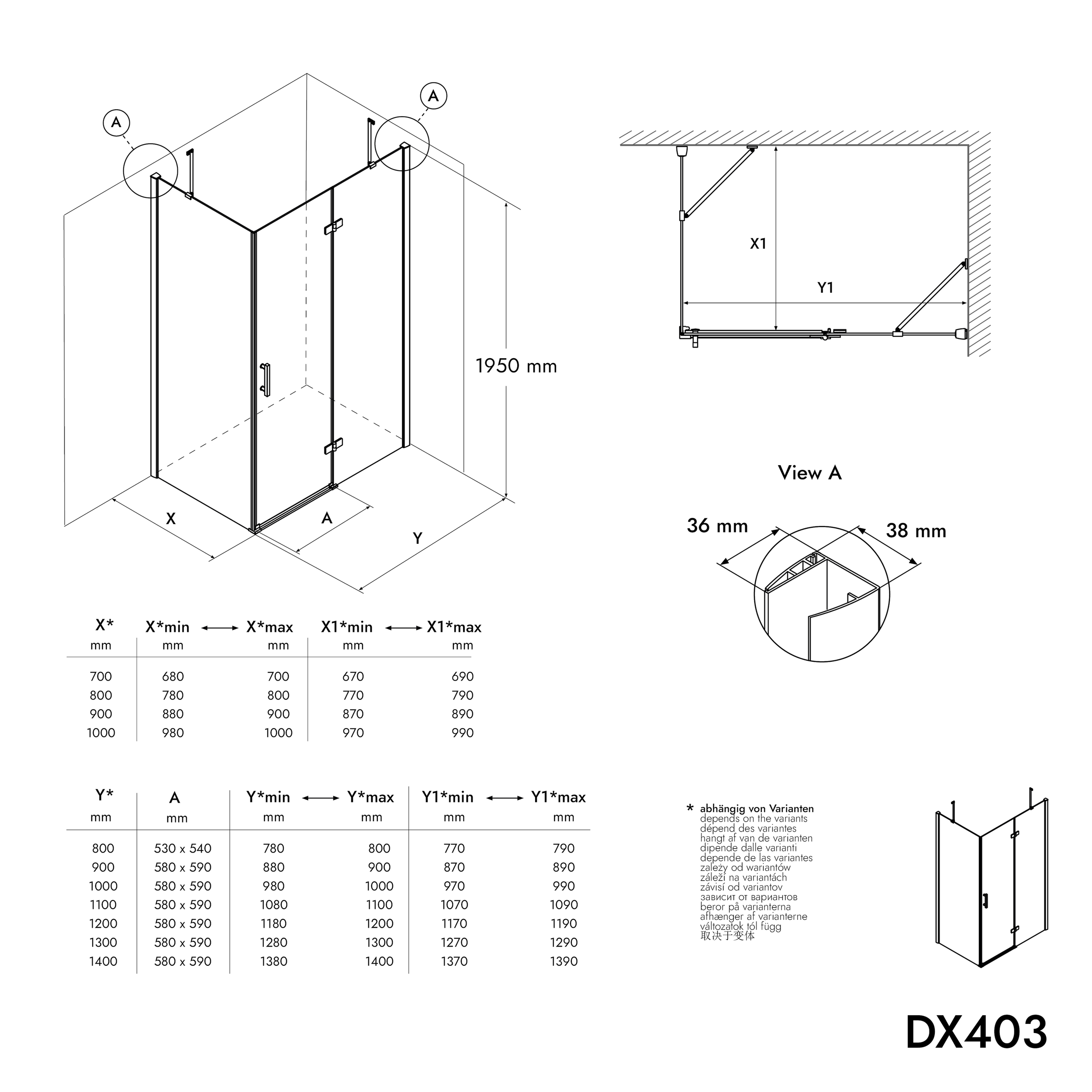 Divisória de duche de canto DX403