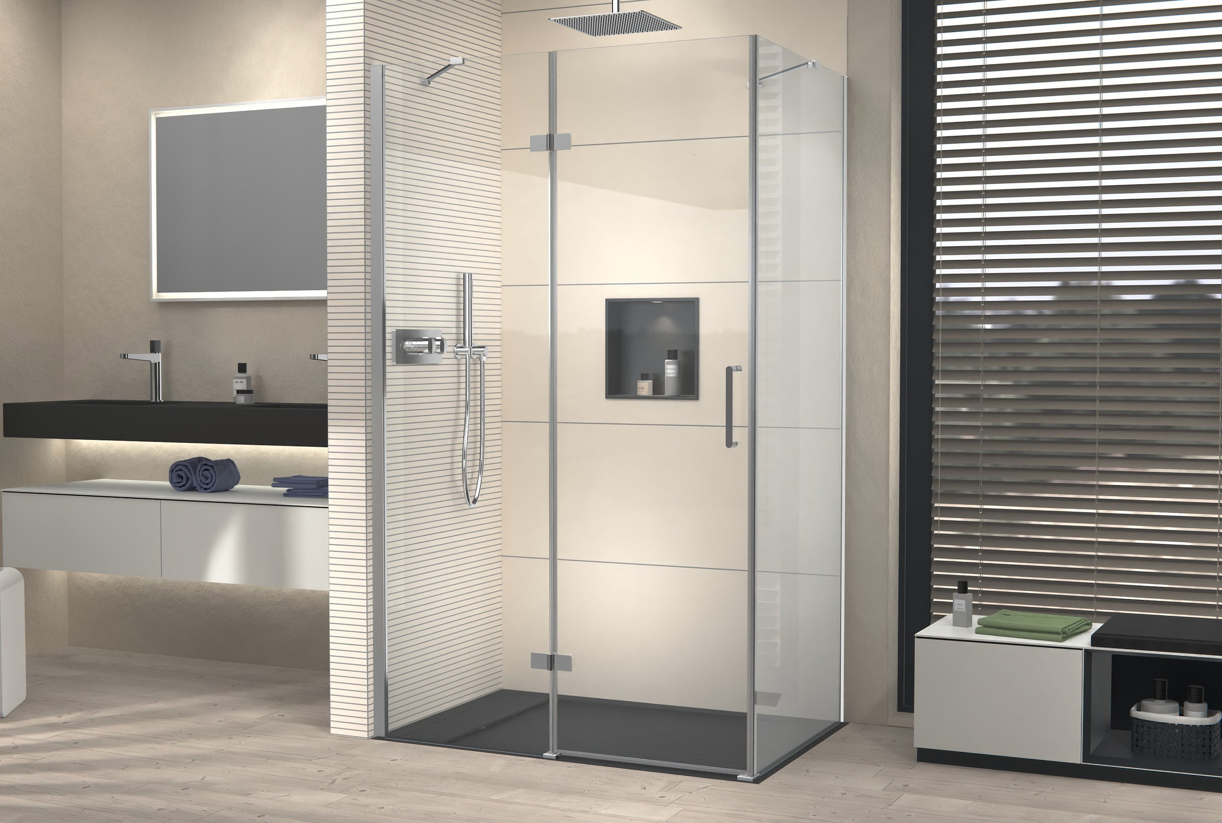 Chuveiro de canto com porta de giro no painel fixo NT403