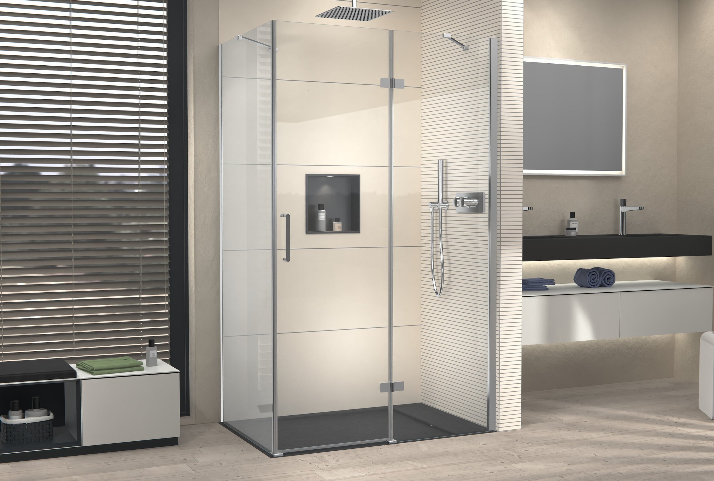 Duche de canto com porta de giro em painel fixo NT403