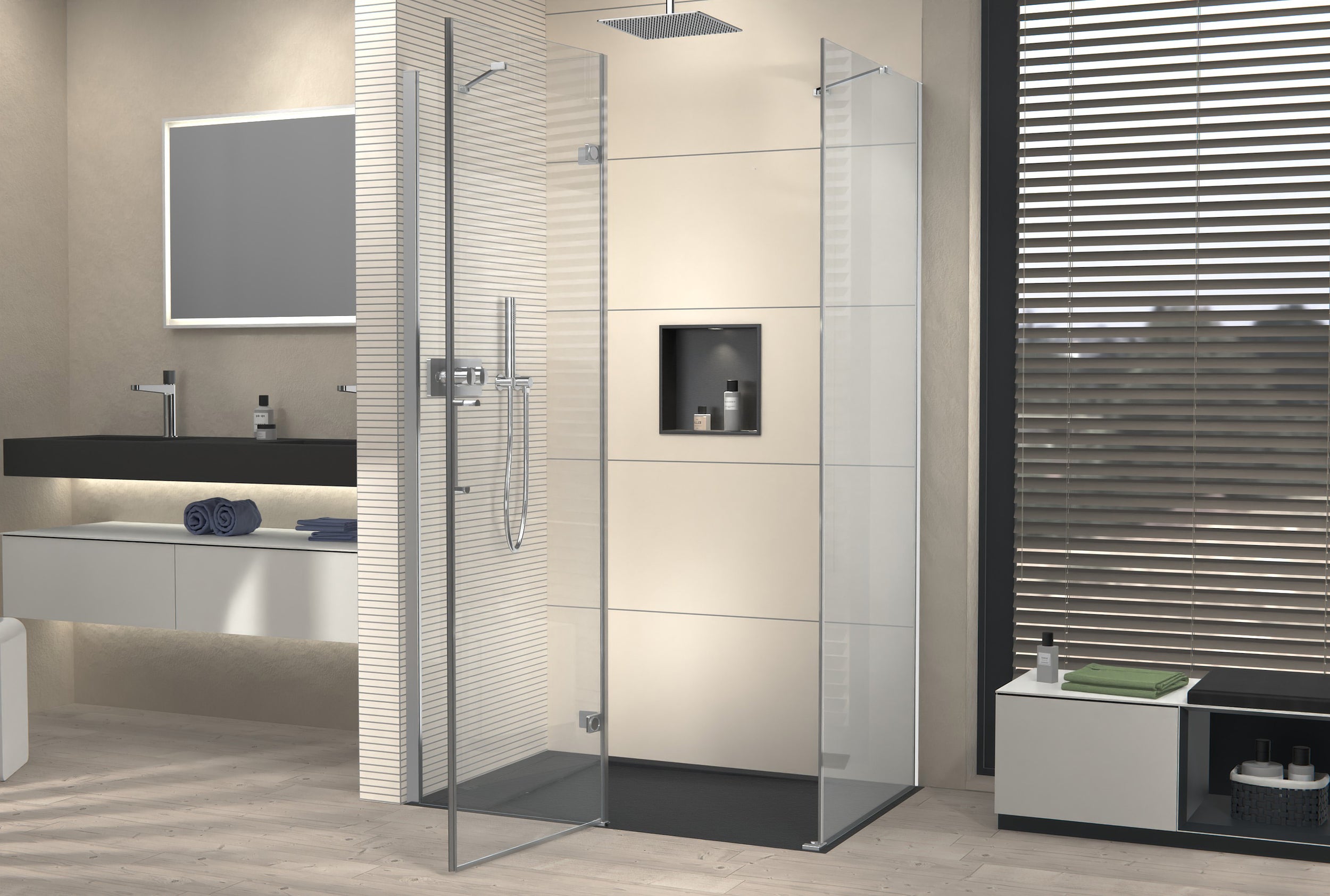 Chuveiro de canto com porta de giro no painel fixo NT403