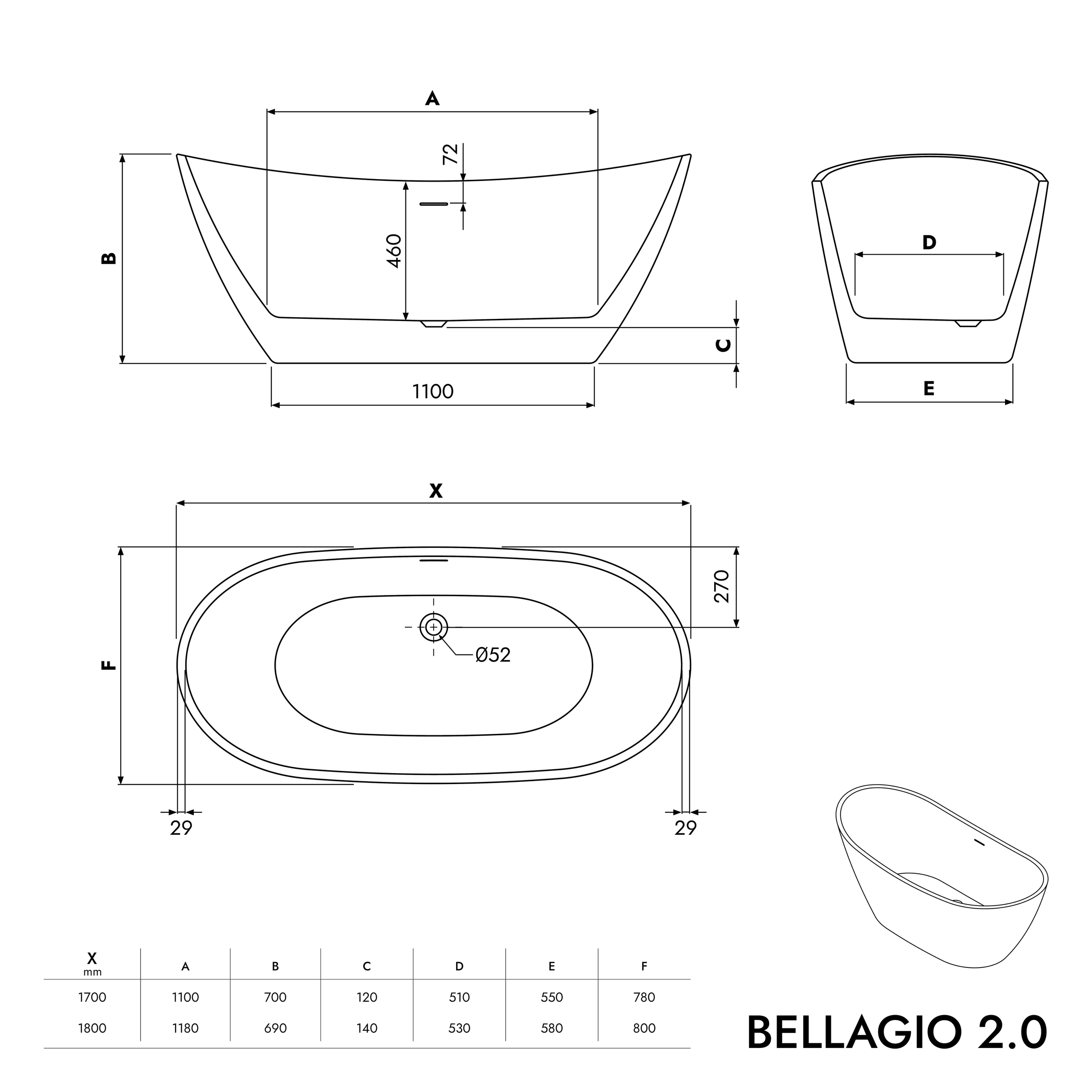 Banheira BELLAGIO 2.0 acrílica independente