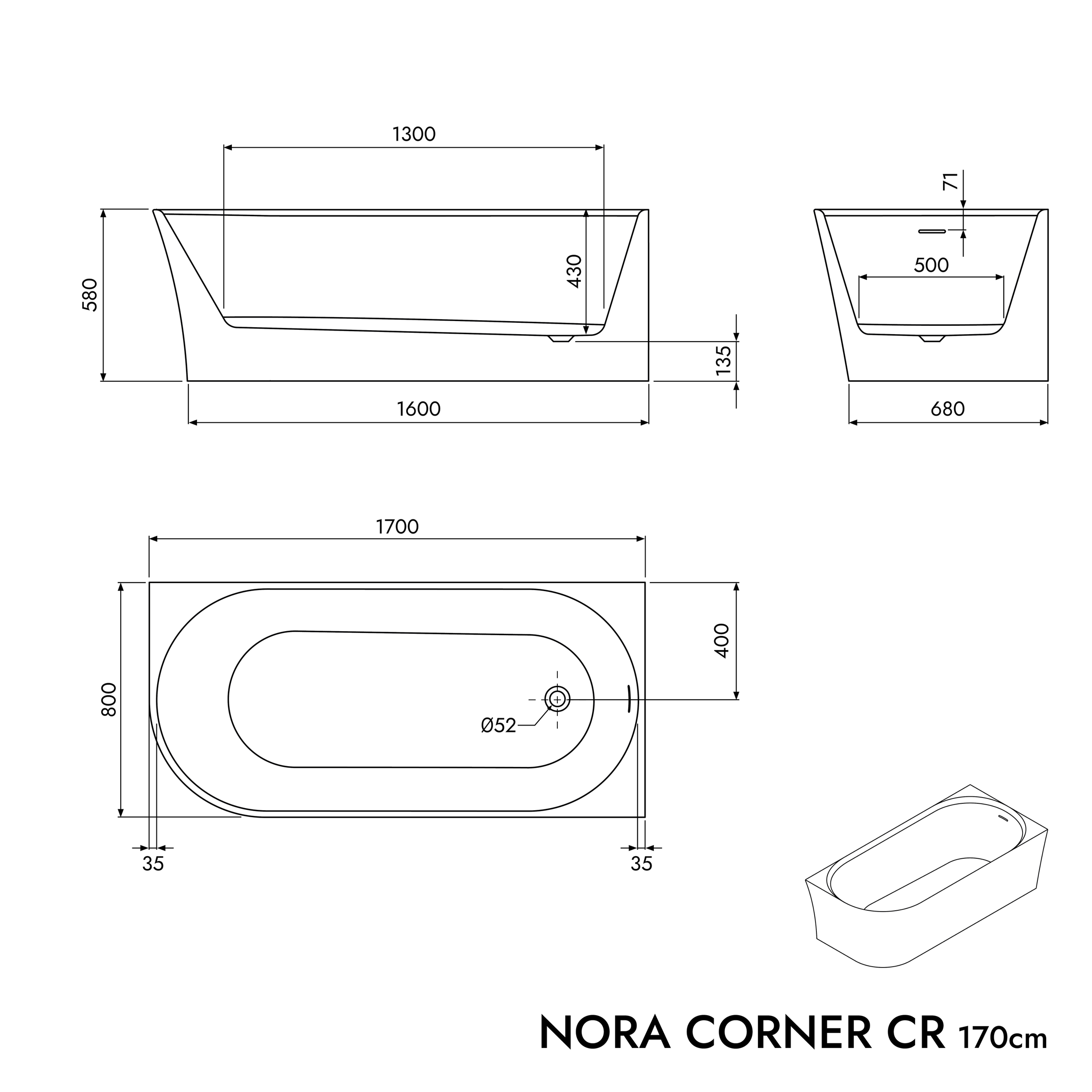 Banheira semi-freestanding de economia de espaço NORA CORNER Acrílico Branco Fosco