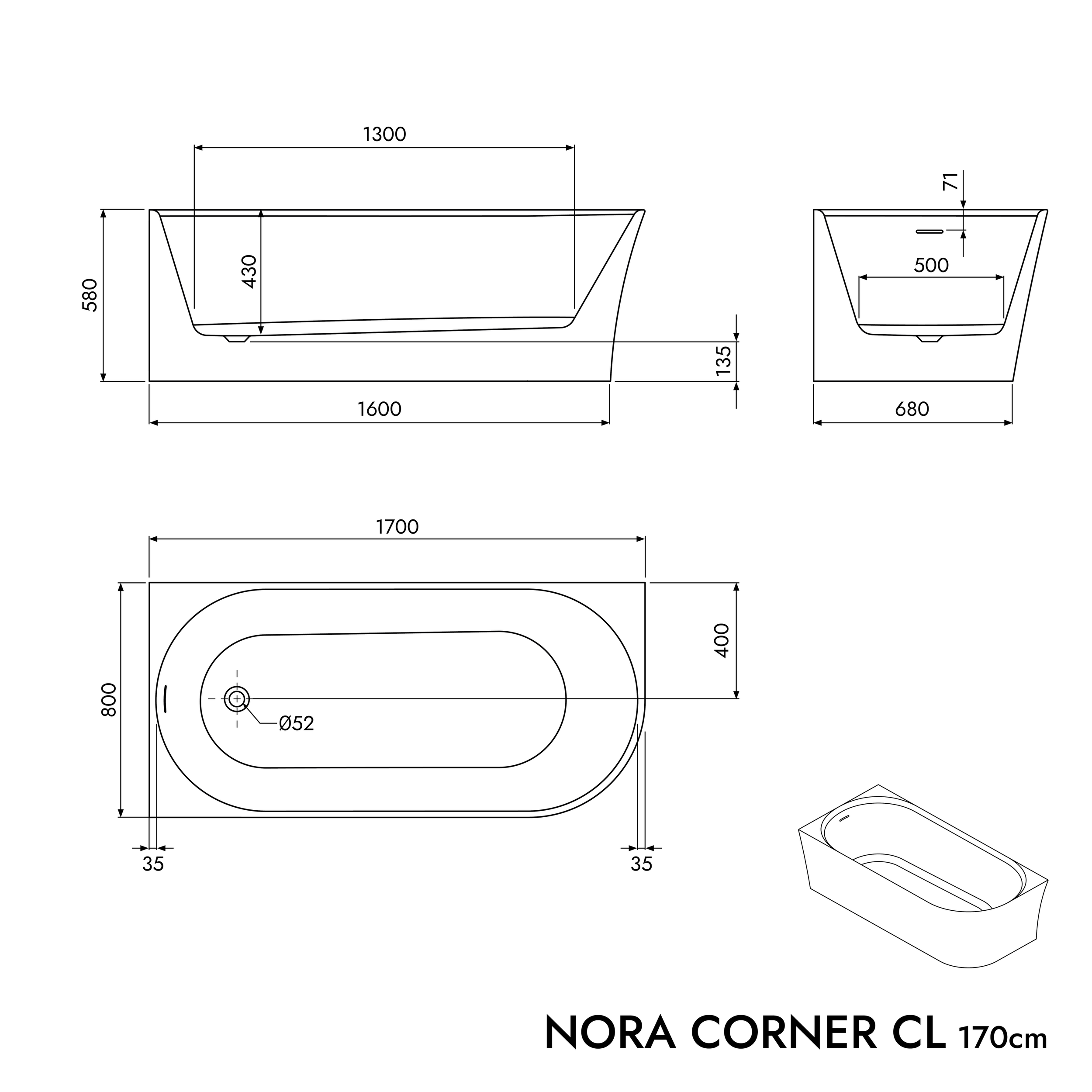 Banheira semi-suportada economizadora de espaço NORA CORNER acrílico branco mate