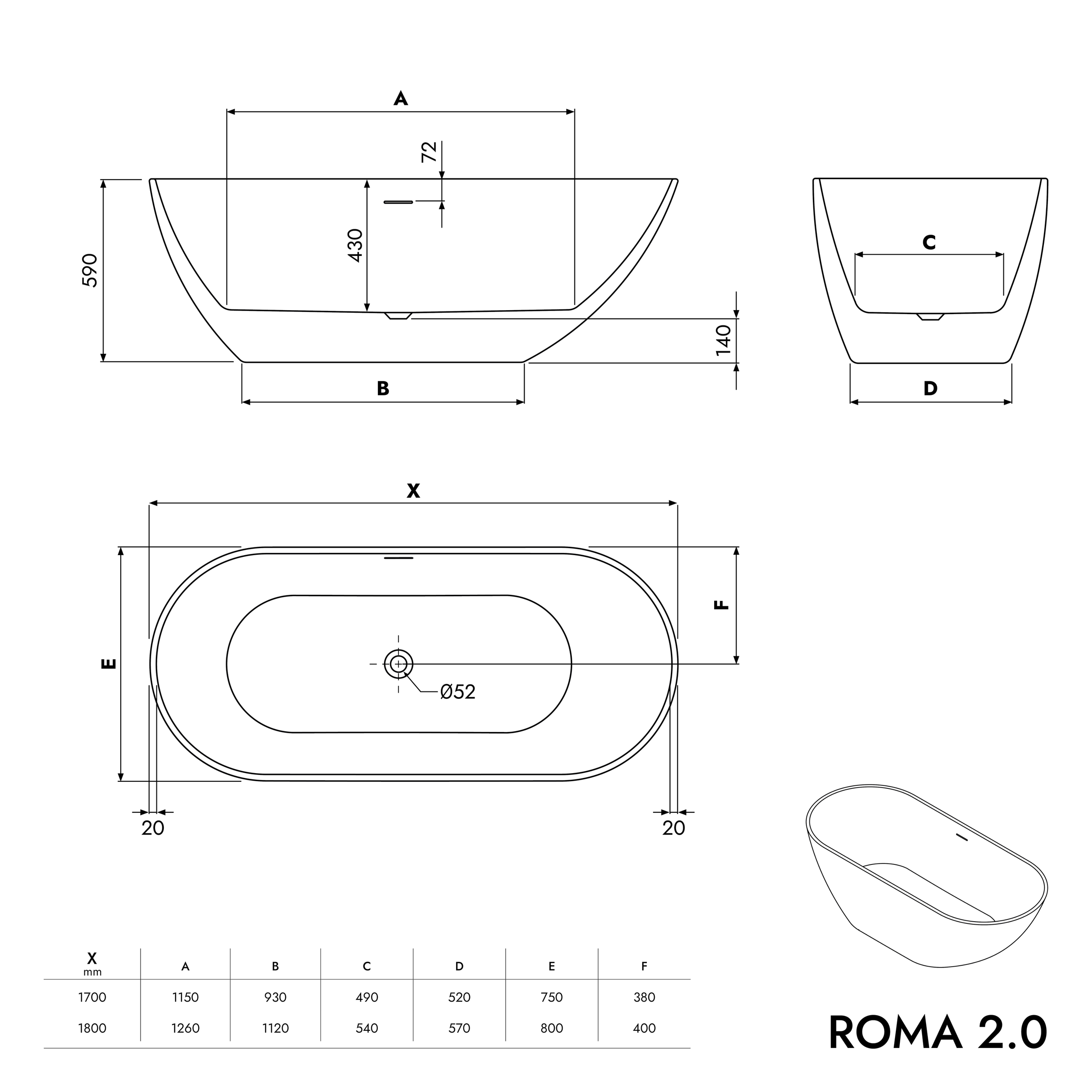 Banheira independente ROMA 2.0 acrílica