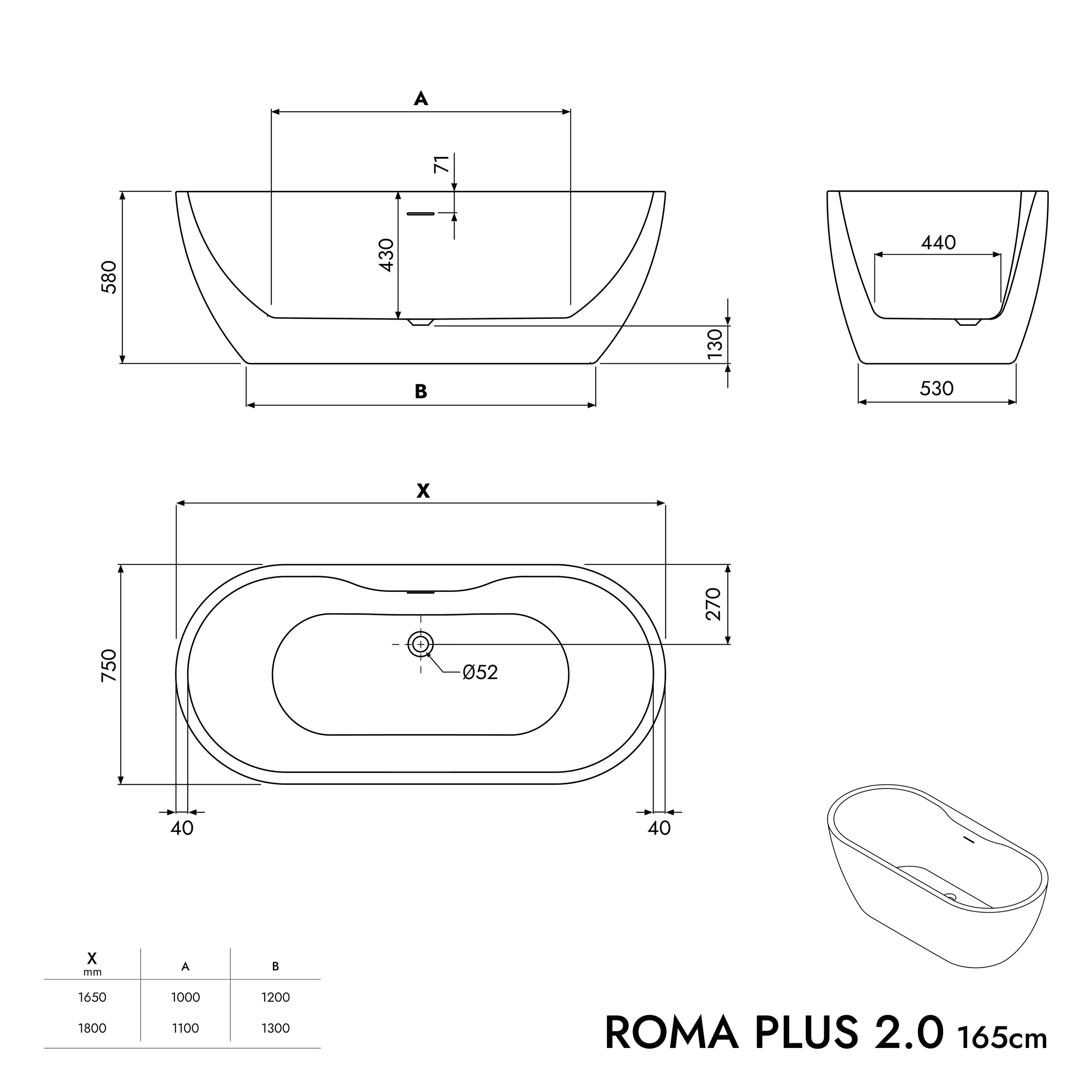 Banheira independente ROMA PLUS 2.0 acrílica