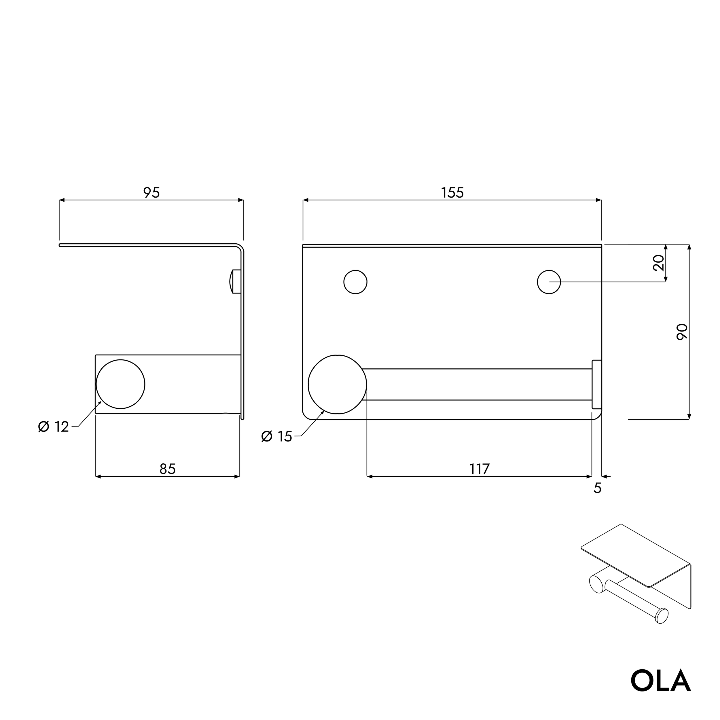 Suporte para rolos de papel OLA - com prateleira