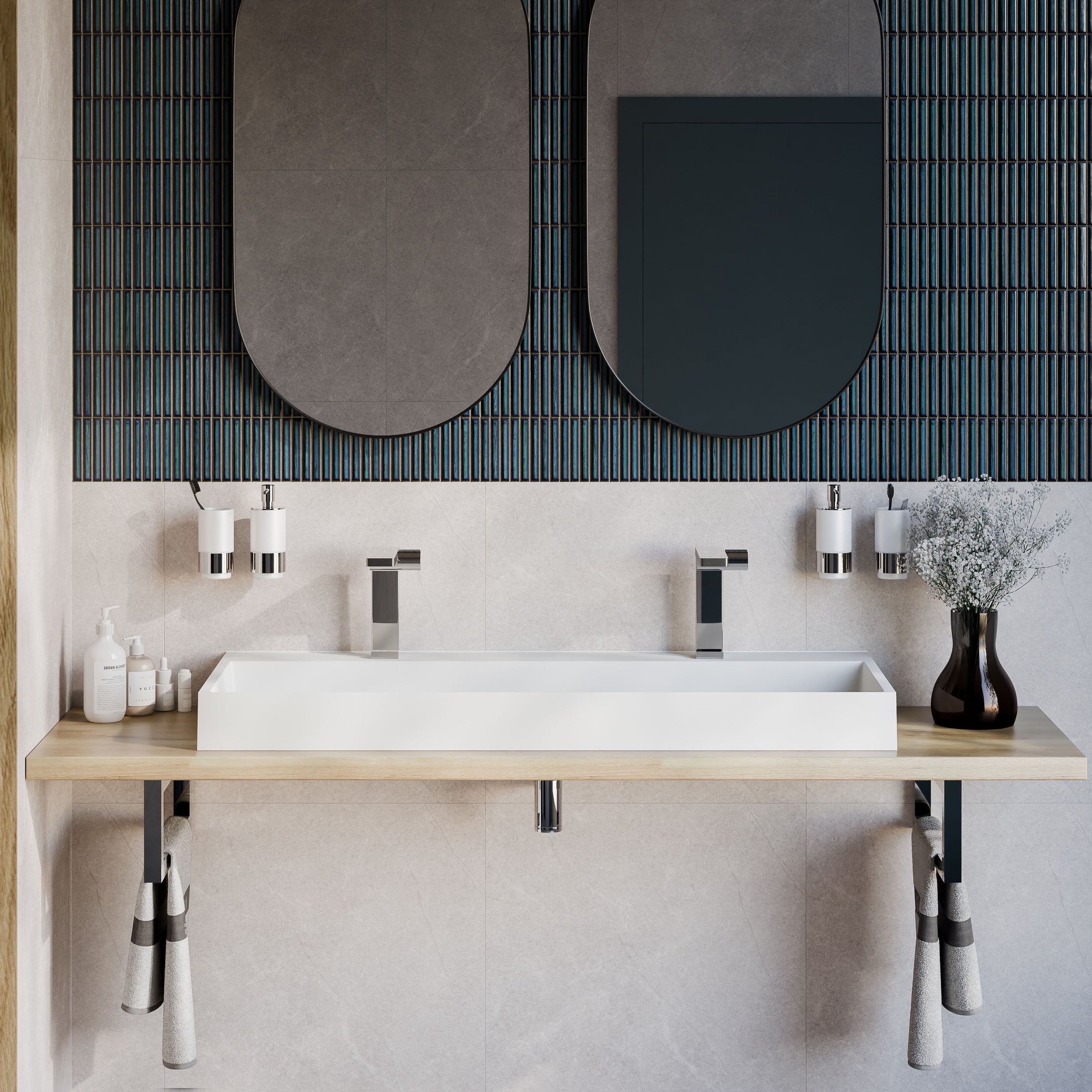 Lavatório de bancada / Lavatório de parede BS6001 - branco - mármore fundido - 120cm