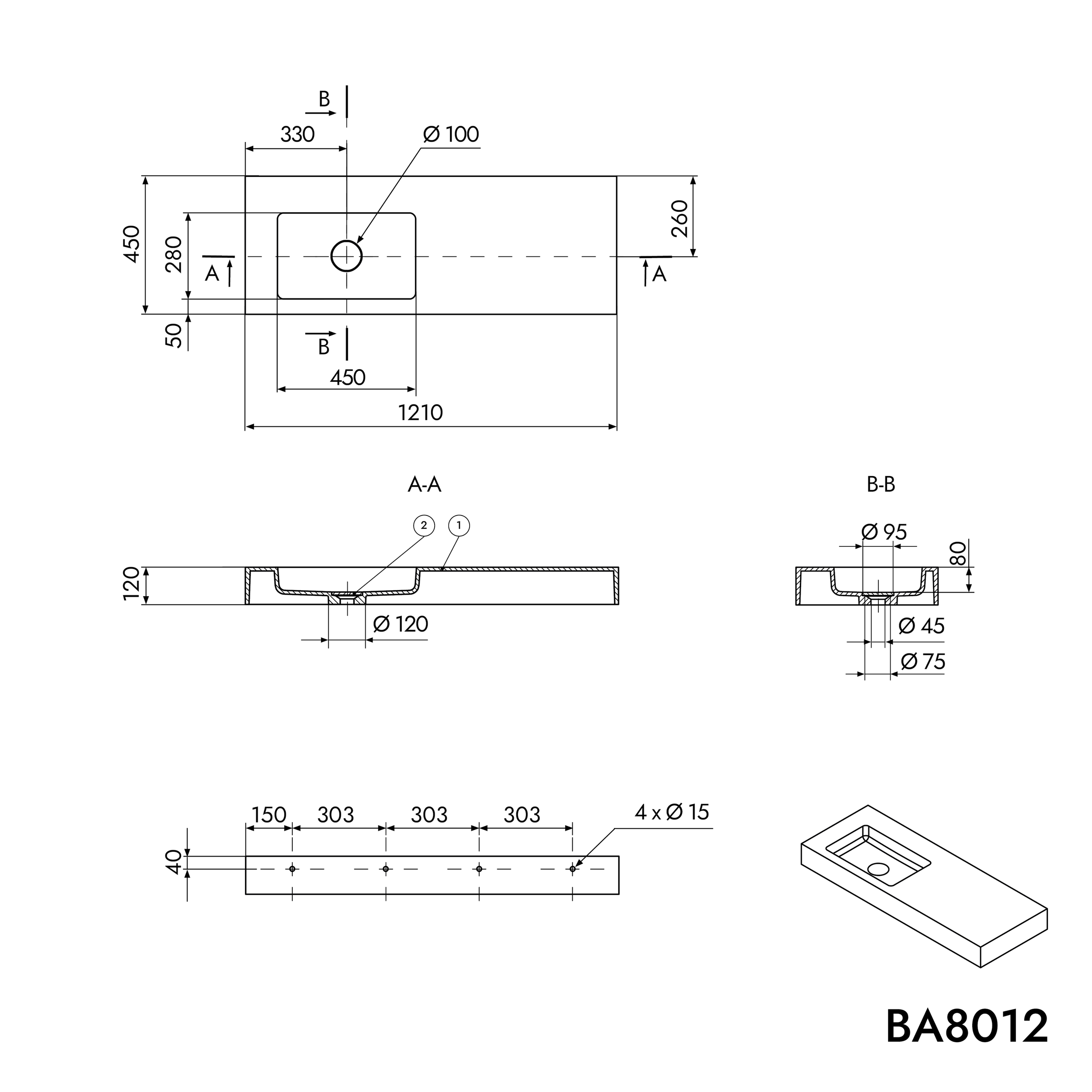 Lavatório de Parede BA8012 em mineral fundido