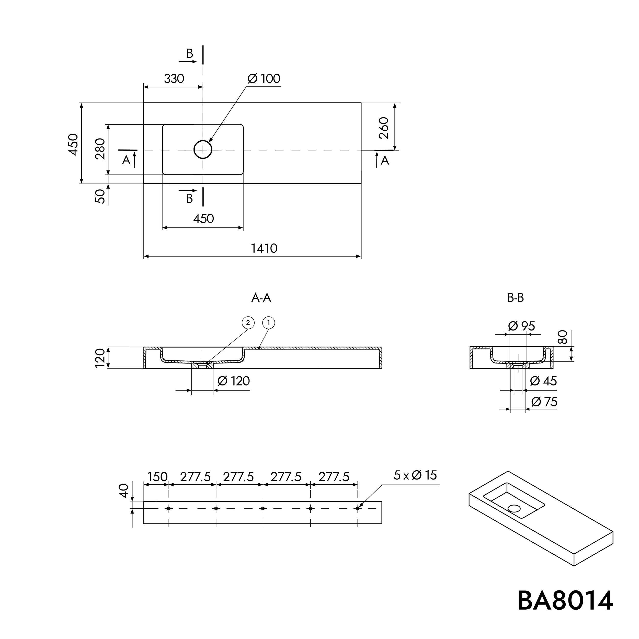 Lavatório de parede BA8014 de superfície sólida