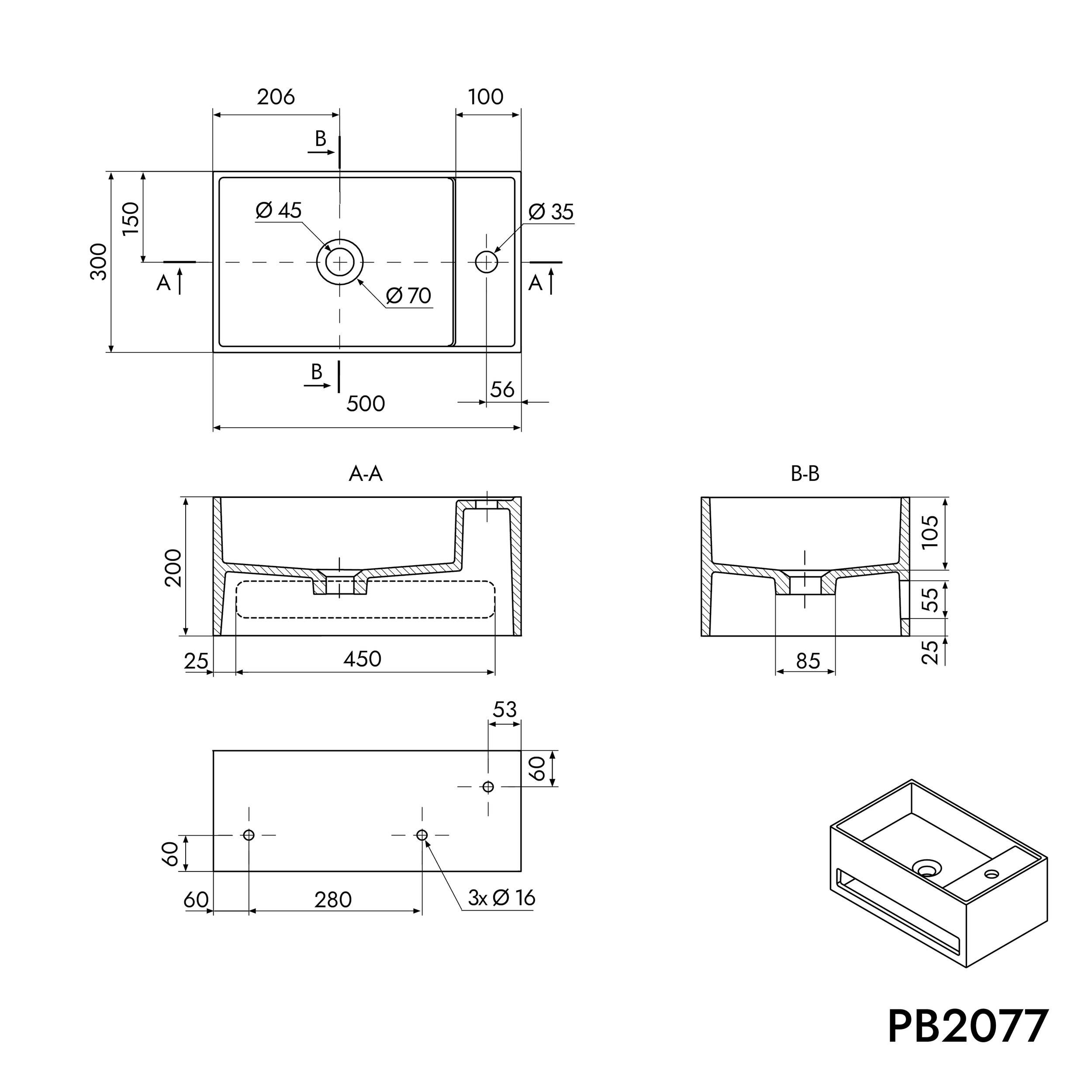 Lavatório de parede PB2077 em fundição mineral