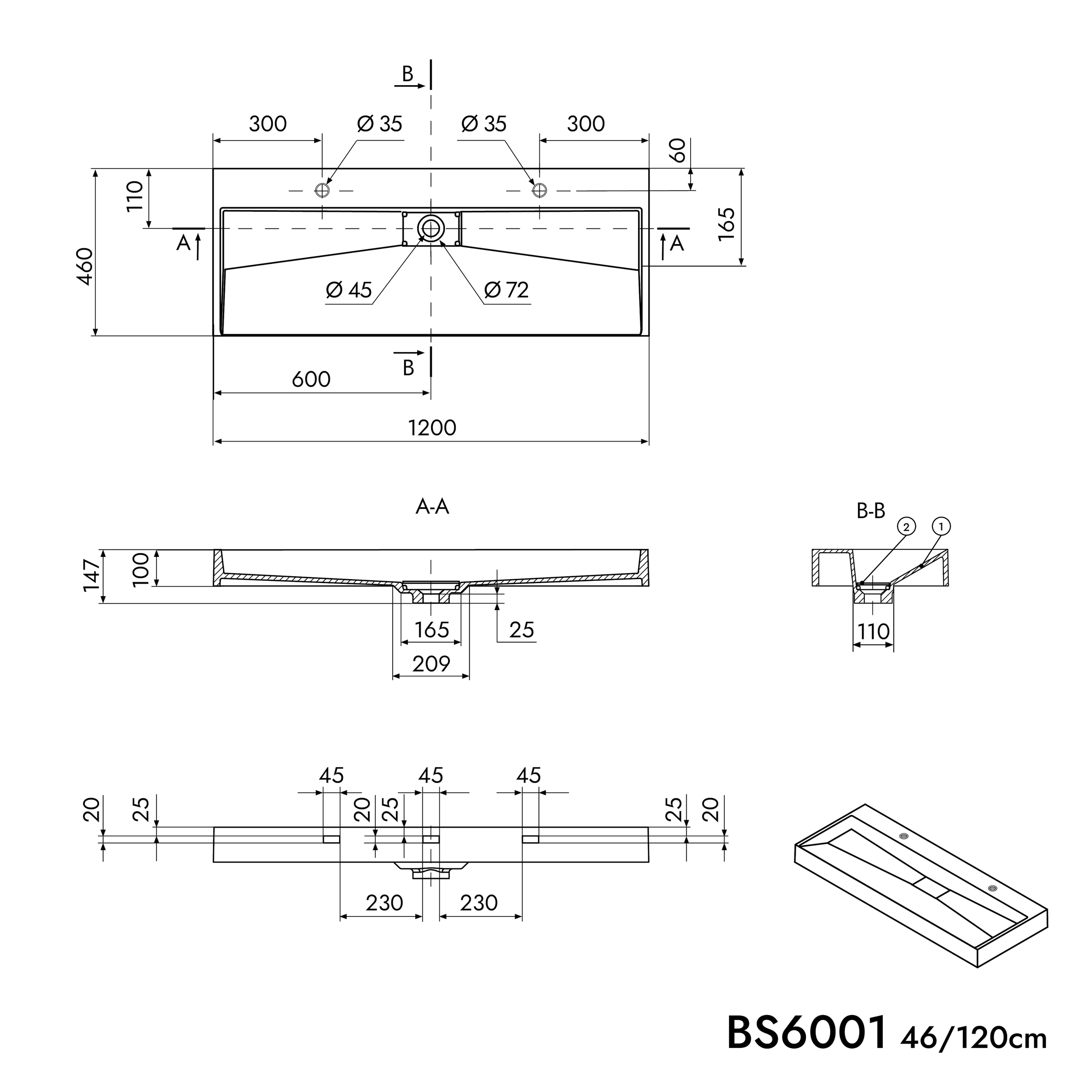 Lavatório de bancada / Lavatório de parede BS6001 - branco - mármore fundido - 120cm