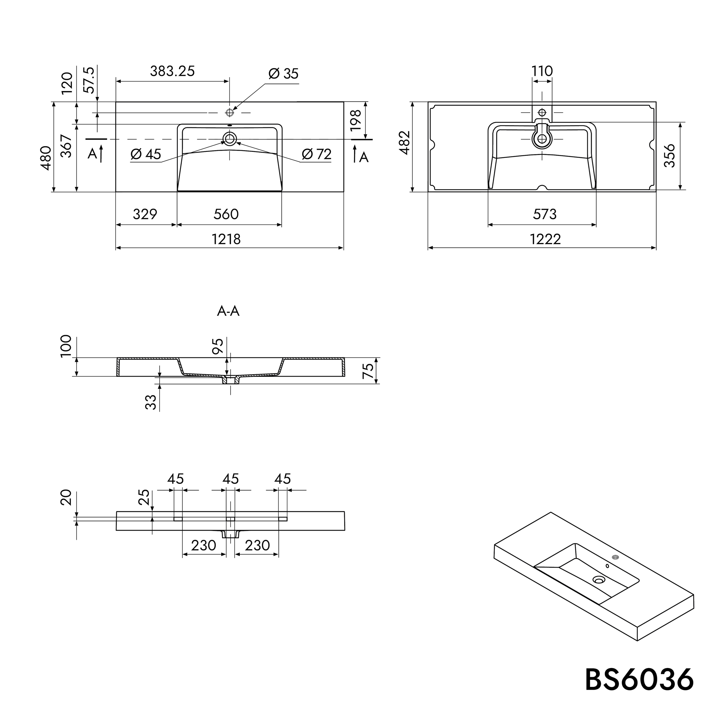 Lavatório de parede em mármore fundido BS6036