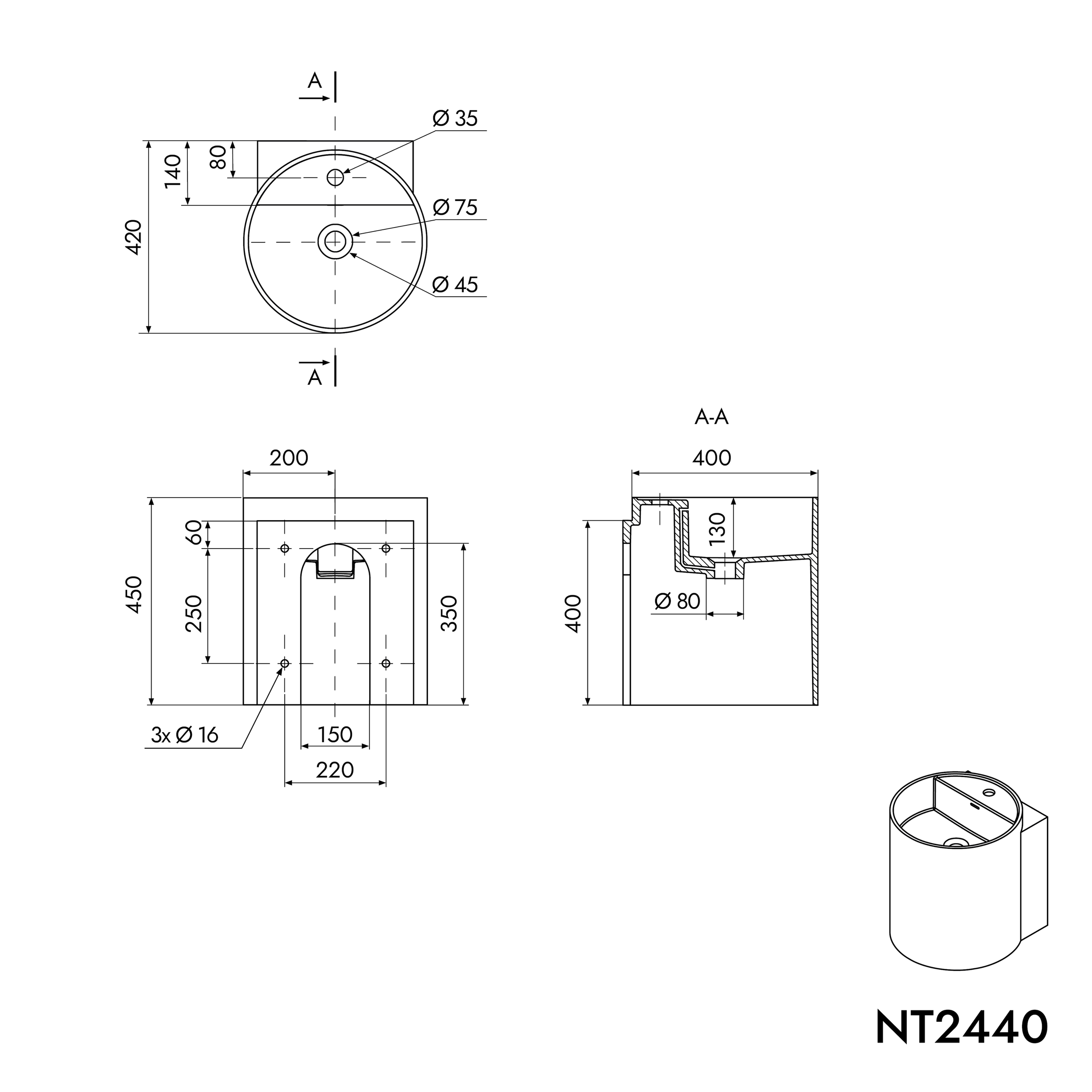 NT2440 lavatório de parede em fundição mineral
sem orifício para torneira - 40 x 42 x 45 cm