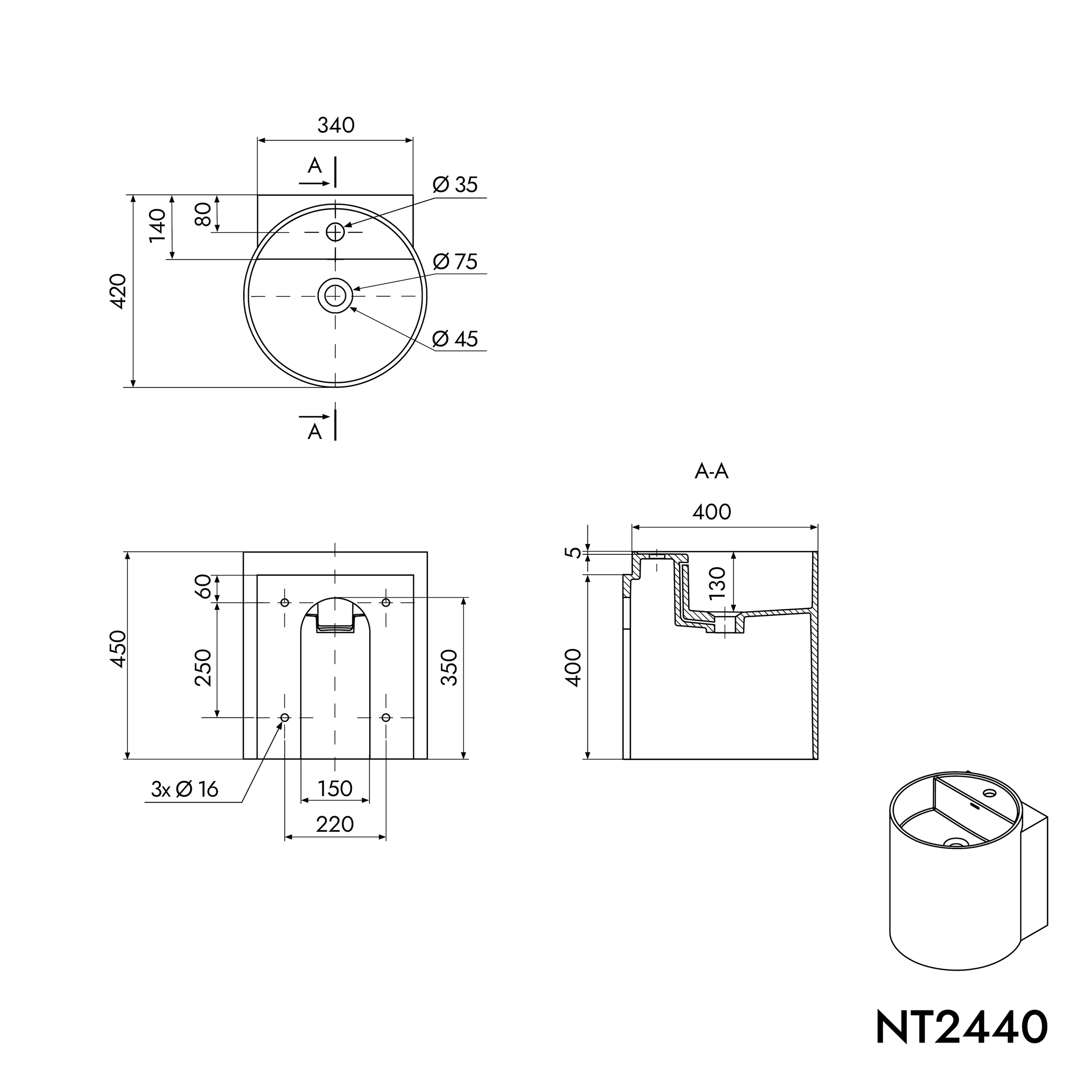 NT2440 lavatório de parede em fundição mineral
sem orifício para torneira - 40 x 42 x 45 cm