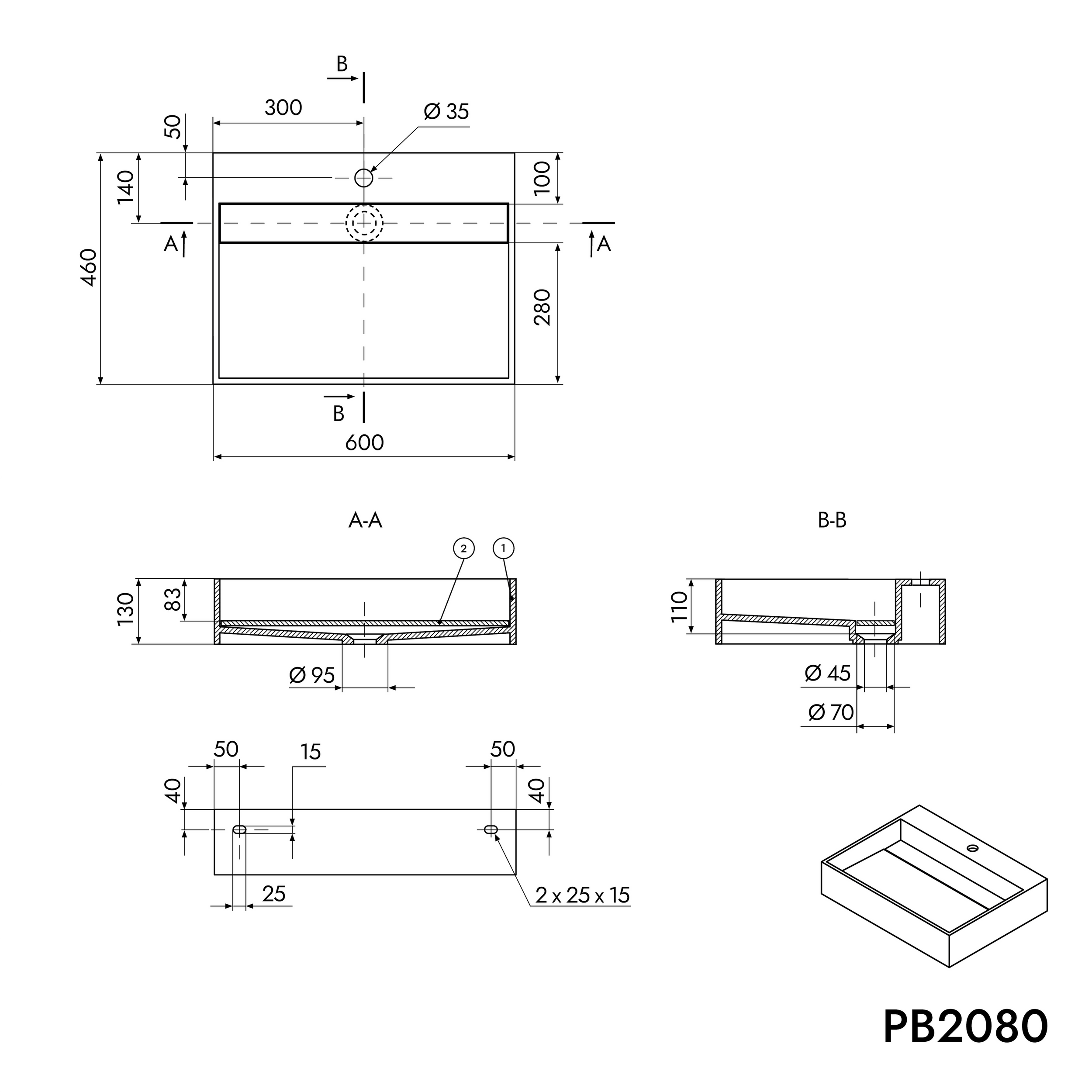 Lavatório de parede PB2080 em fundição mineral