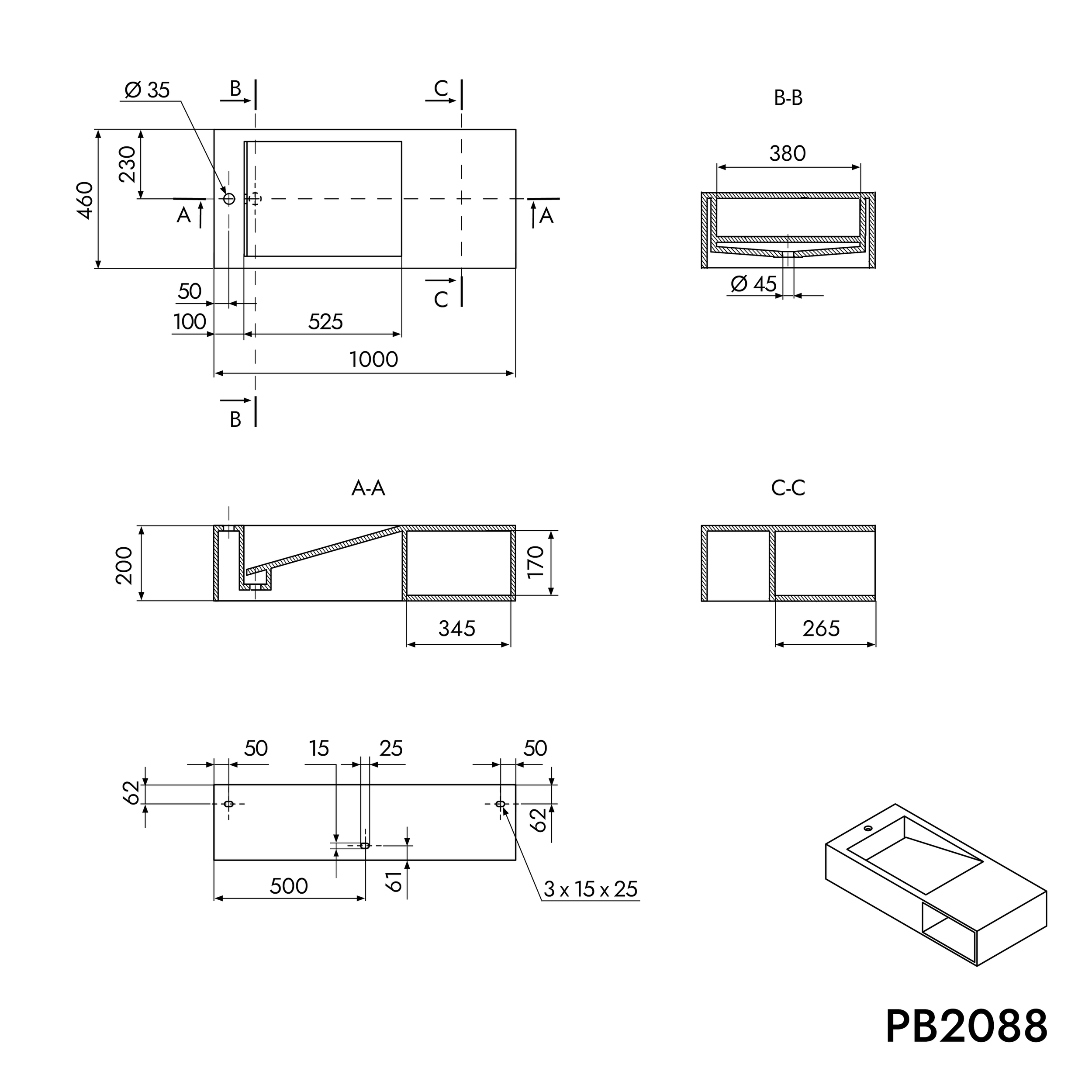 Lavatório de parede PB2088 em fundição mineral