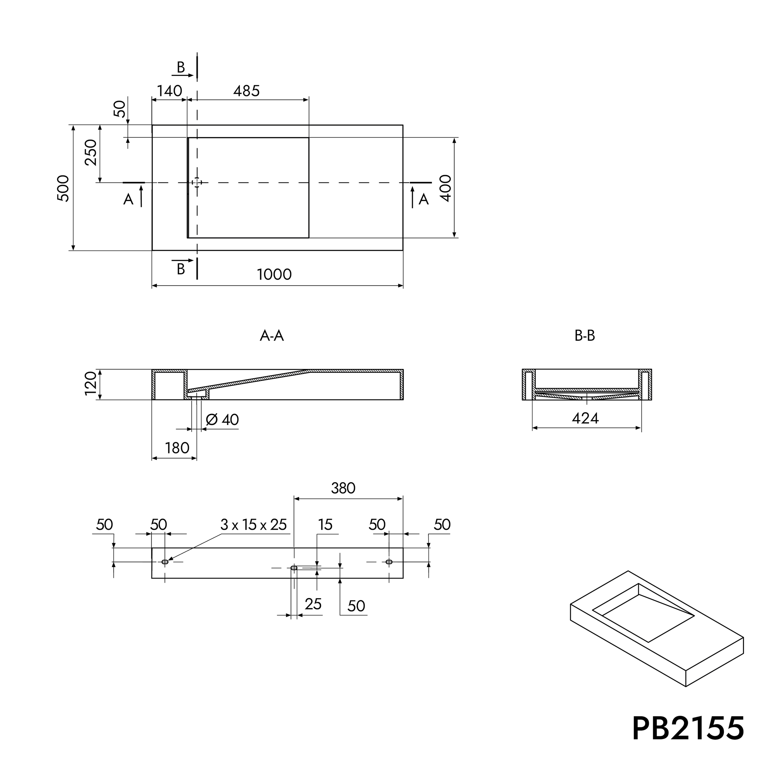 Lavatório de parede PB2155 em fundição mineral