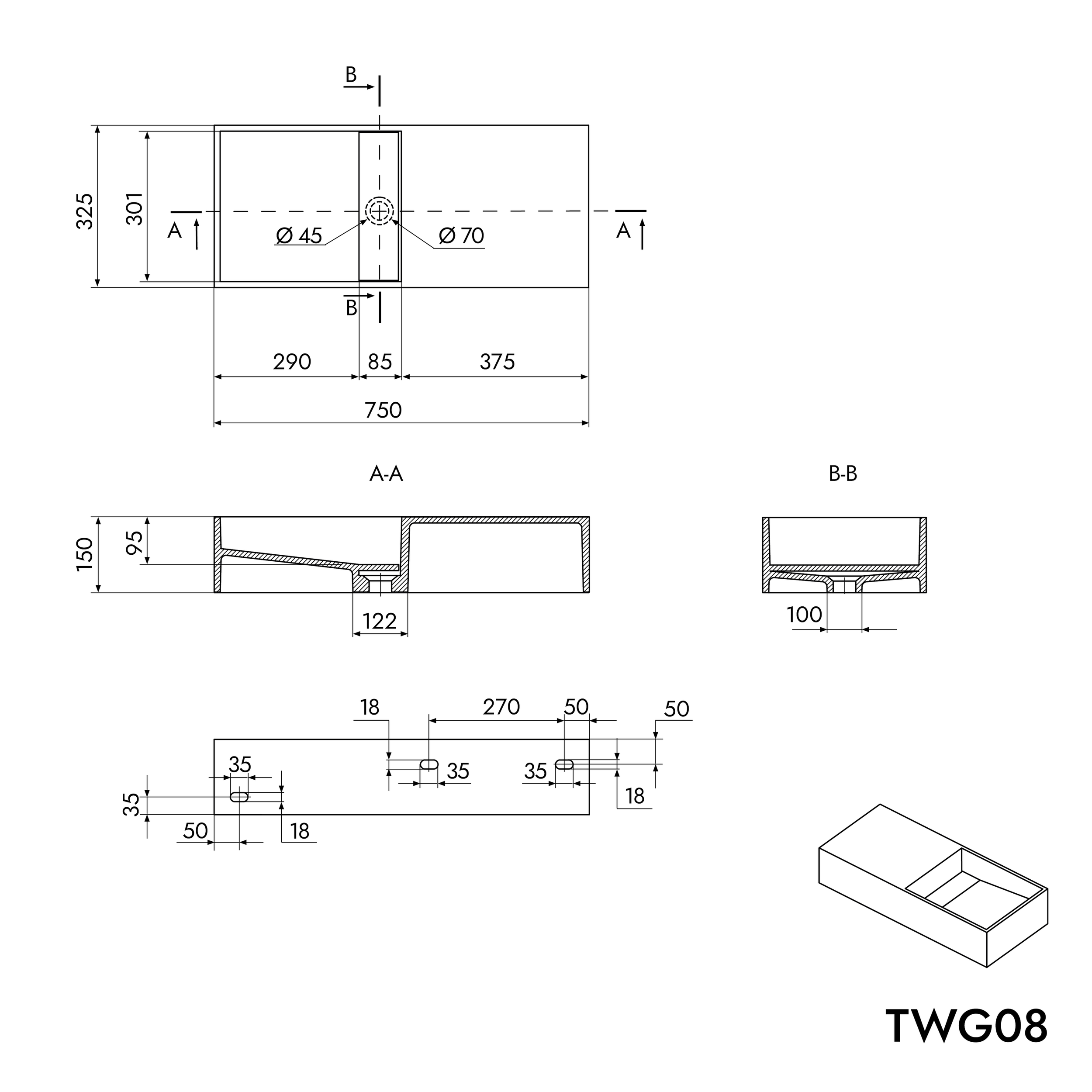 TWG08 lavatório de parede em fundição mineral