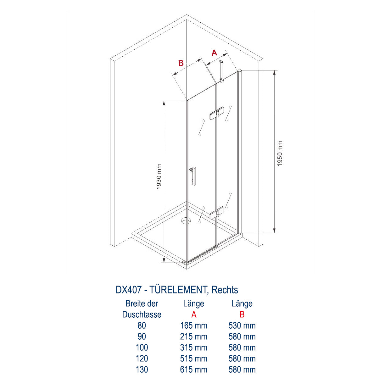 Canto de cabina de duche em vidro de segurança temperado de 8 mm de espessura NANO transparente DX407 - largura seleccionável 