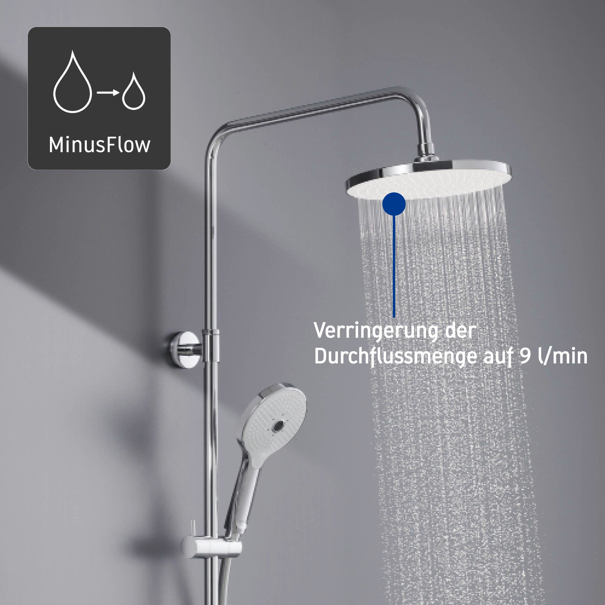 Sistema de duche Duravit com termóstato, prateleira de vidro, 3 modos de fluxo e função MinusFlow - cromado/branco