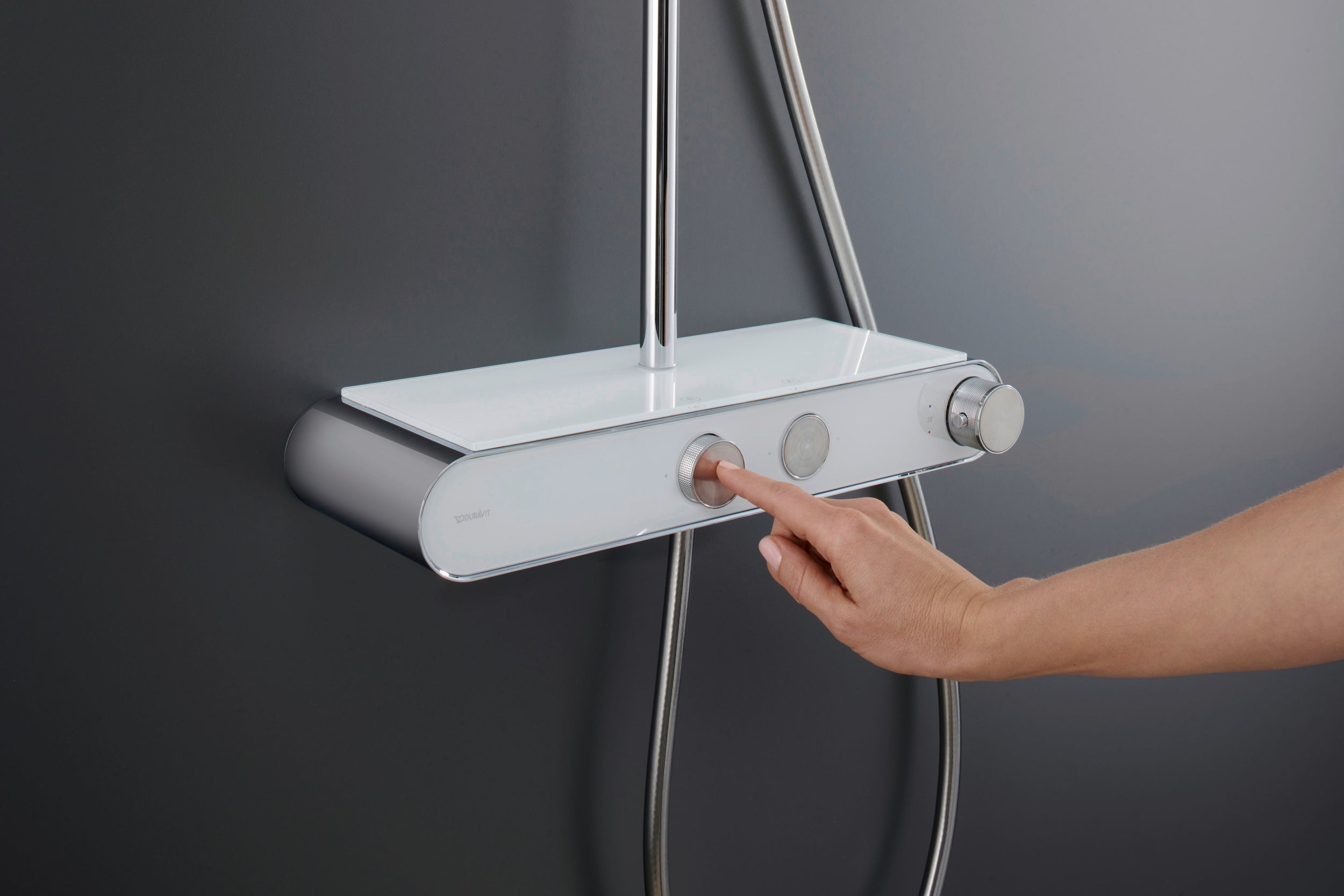 Sistema de duche Duravit, com termóstato e prateleira de vidro, incluindo chuveiro de mão com 3 modos de pulverização - cromado/branco