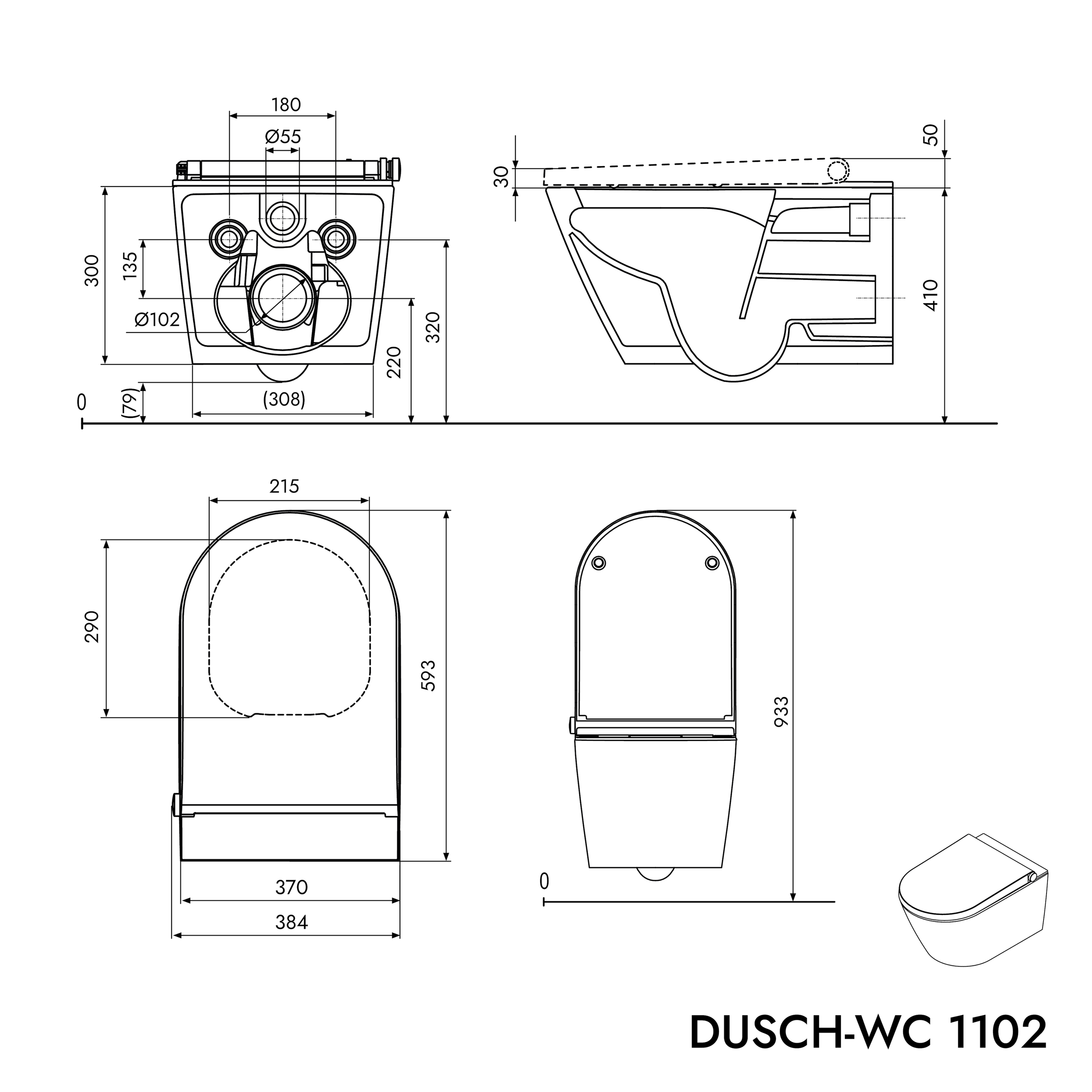 Conjunto completo de sanita com chuveiro higiénico PRO+ 1102 com elemento pré-instalado na parede Geberit Duofix