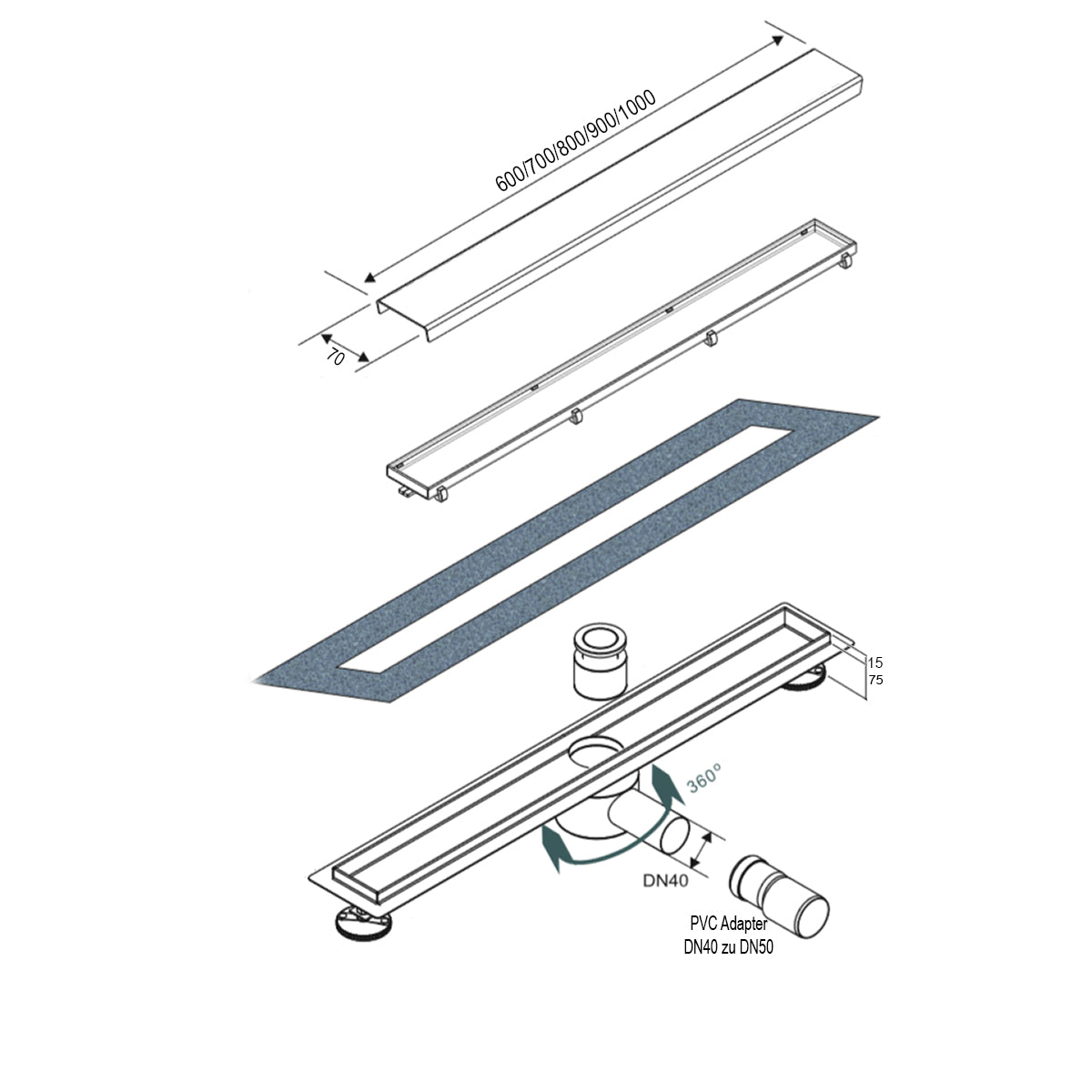 Canaleta de duche em aço inoxidável FlexGTB02