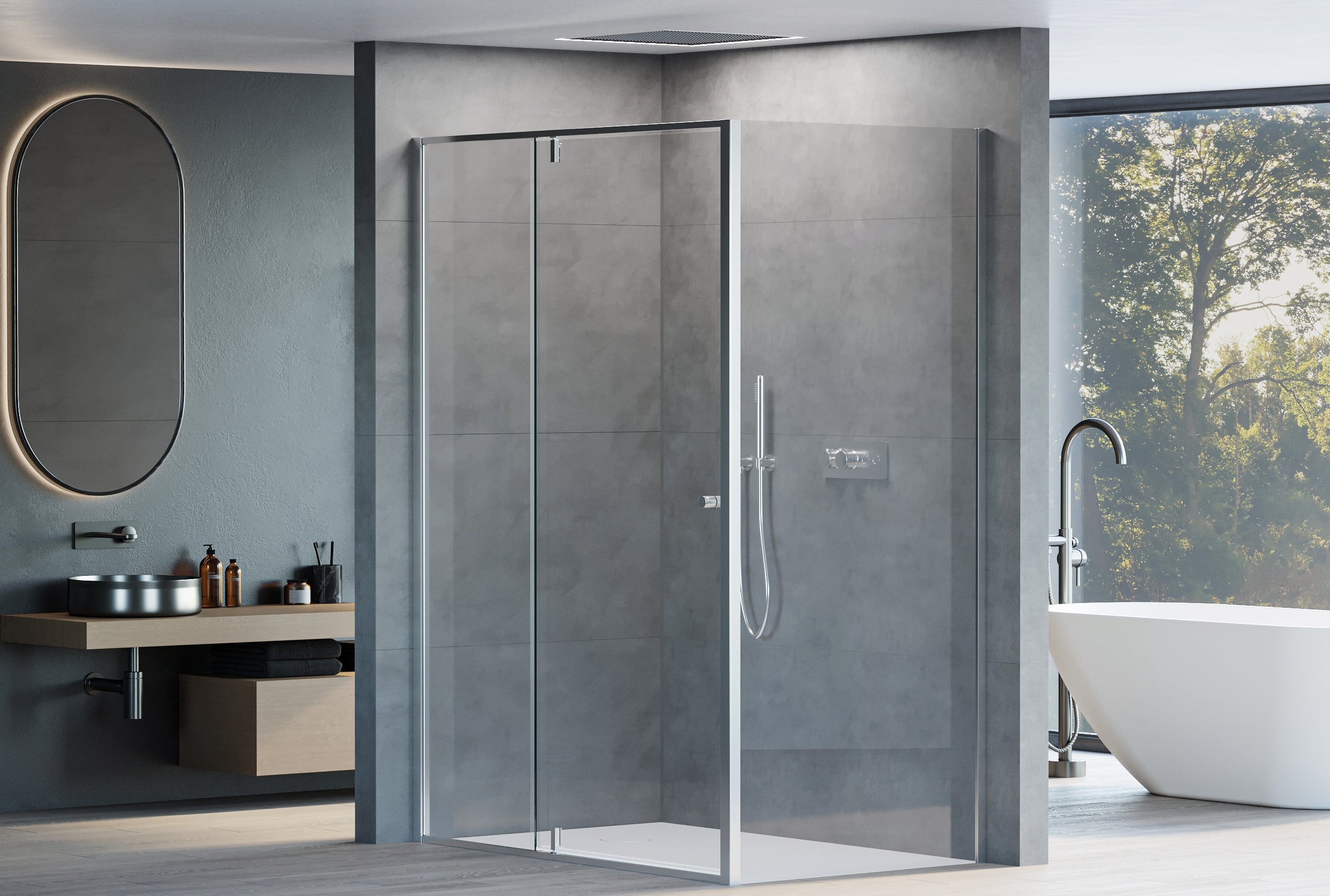 Duche de canto com porta giratória no painel fixo NT606 FLEX