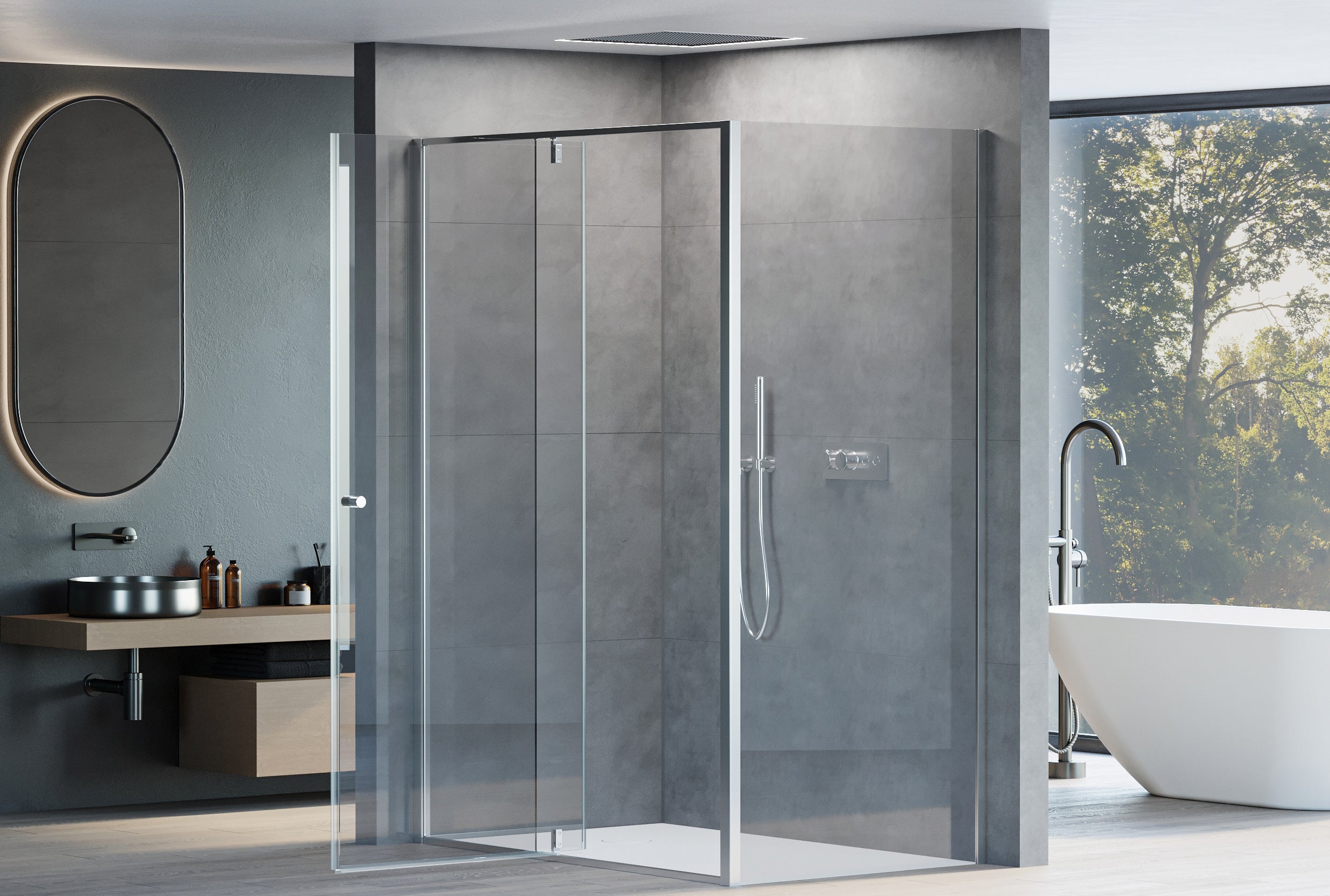 Duche de canto com porta giratória no painel fixo NT606 FLEX