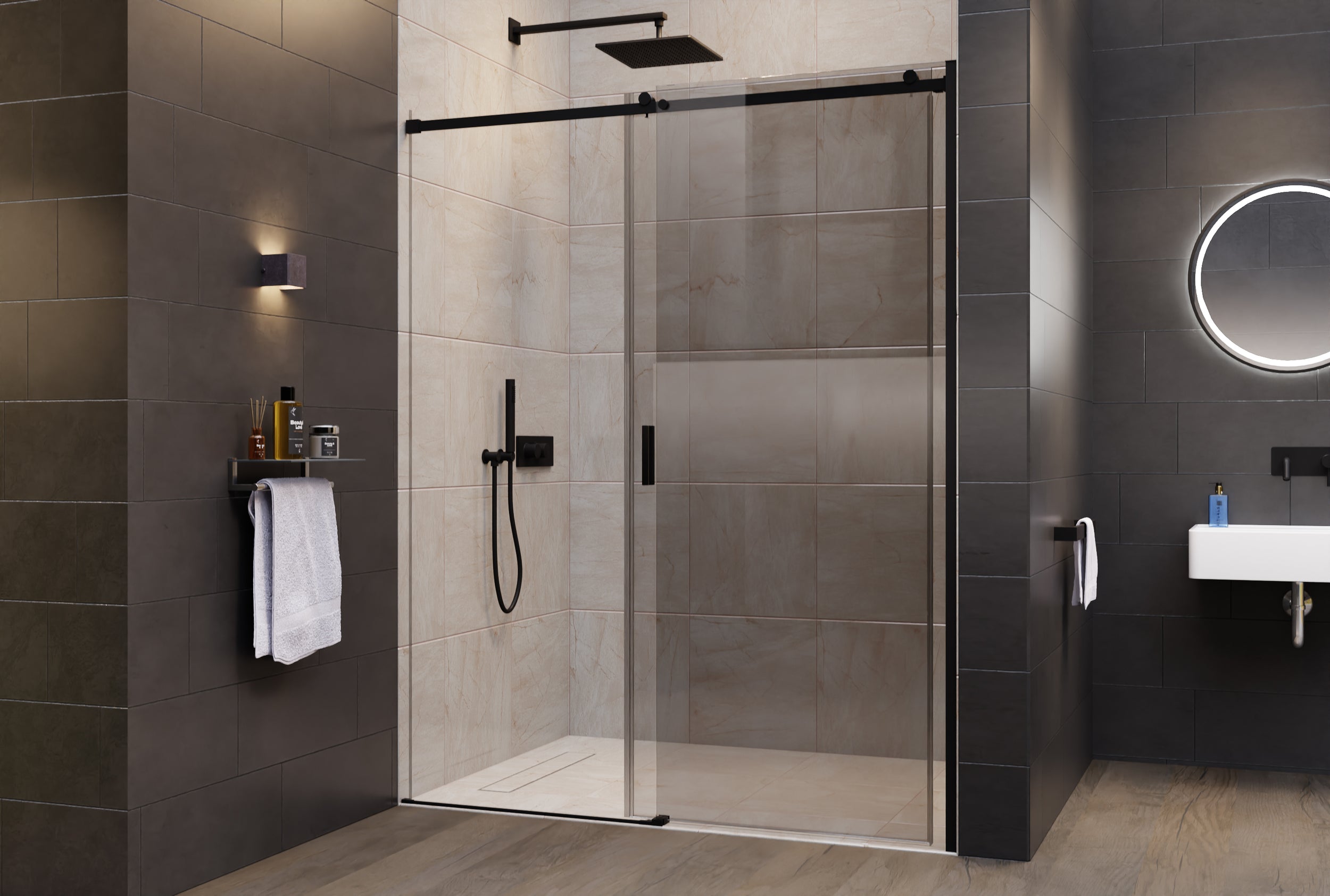 Chuveiro de alcova com porta de correr NT806 FLEX Preto mate