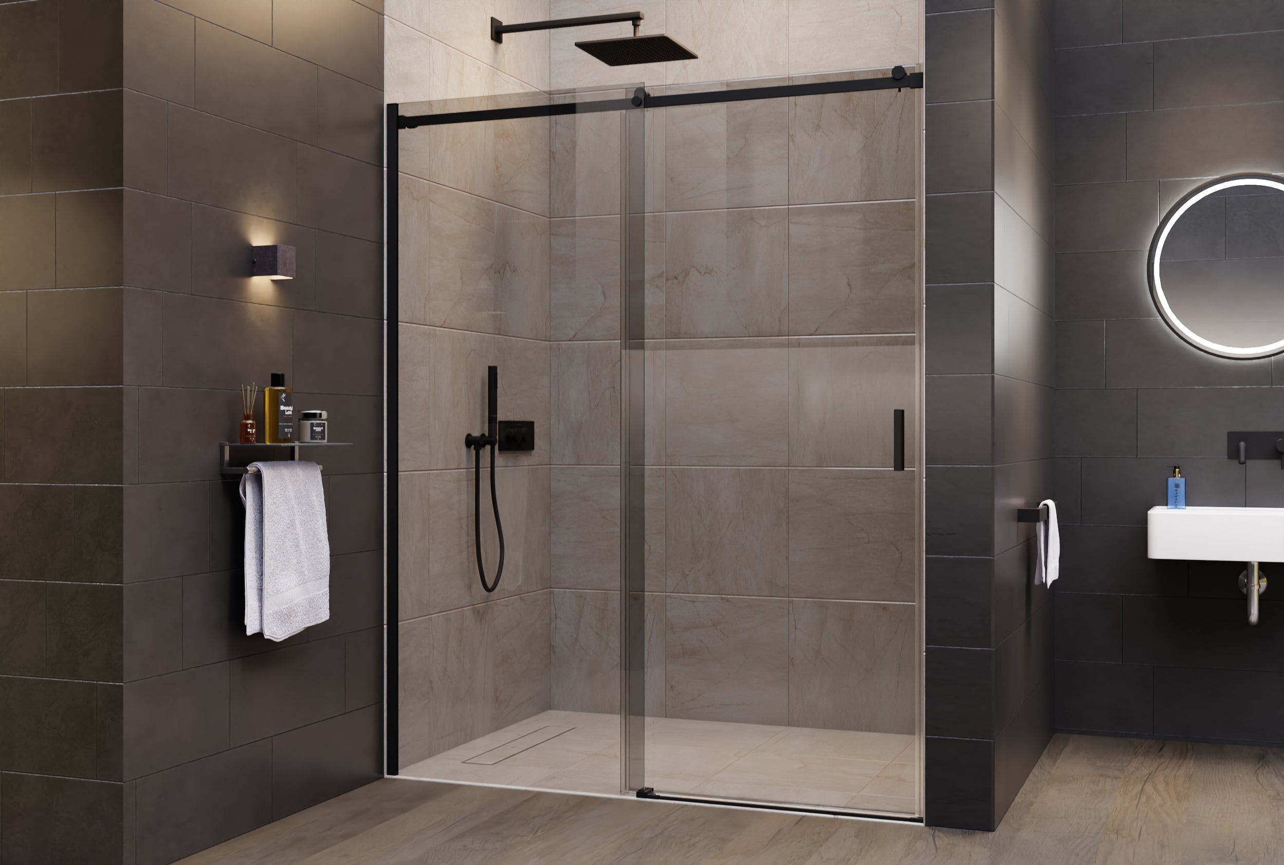 Chuveiro de alcova com porta de correr NT806 FLEX Preto mate