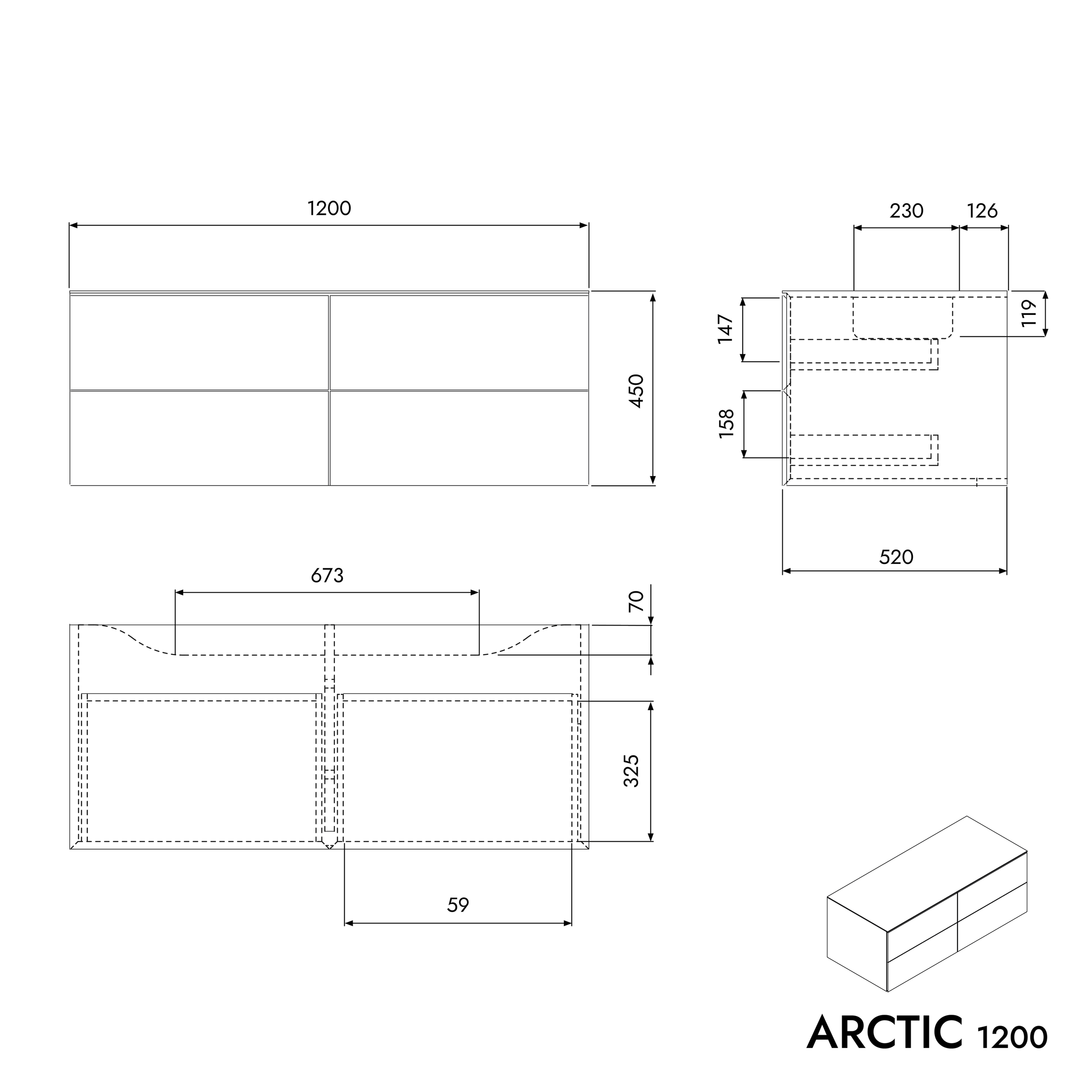 Móvel de apoio ARCTIC 1200 Softtouch branco para lavatório de bancada