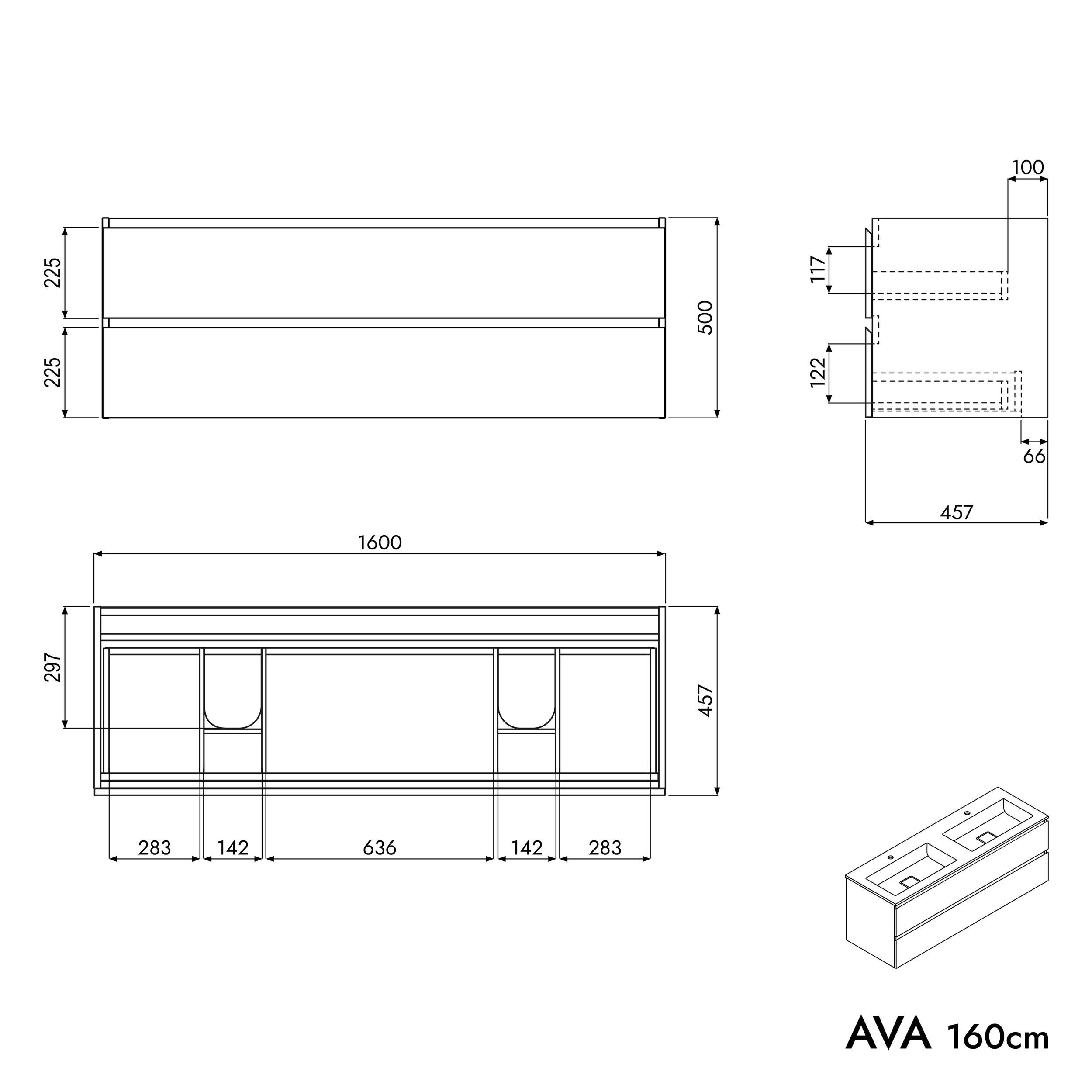 Móvel de toilette AVA 160 cm com lavatório de fundição mineral BRUXELLES