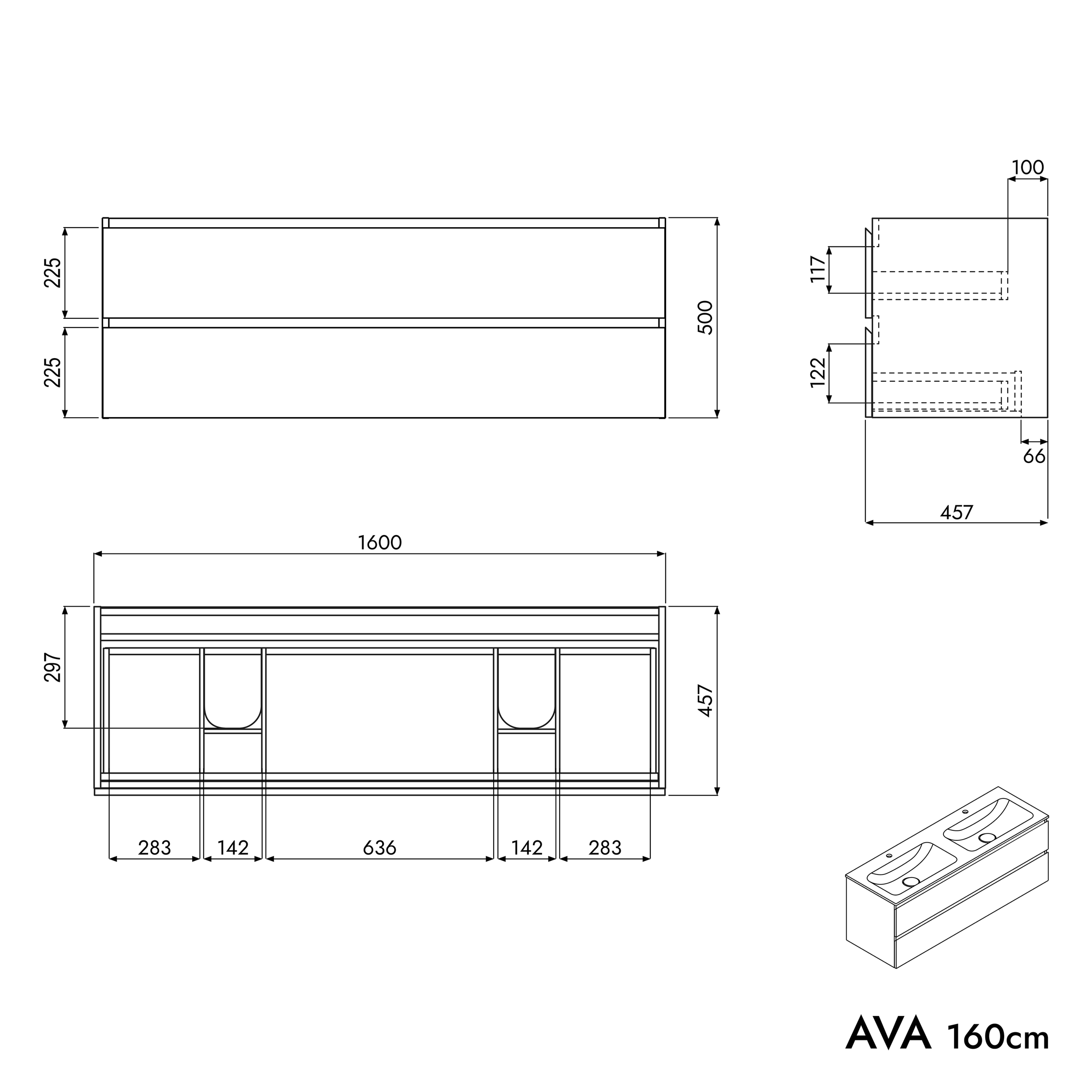 Móvel de toilette AVA 160 cm com lavatório de fundição mineral CREAM