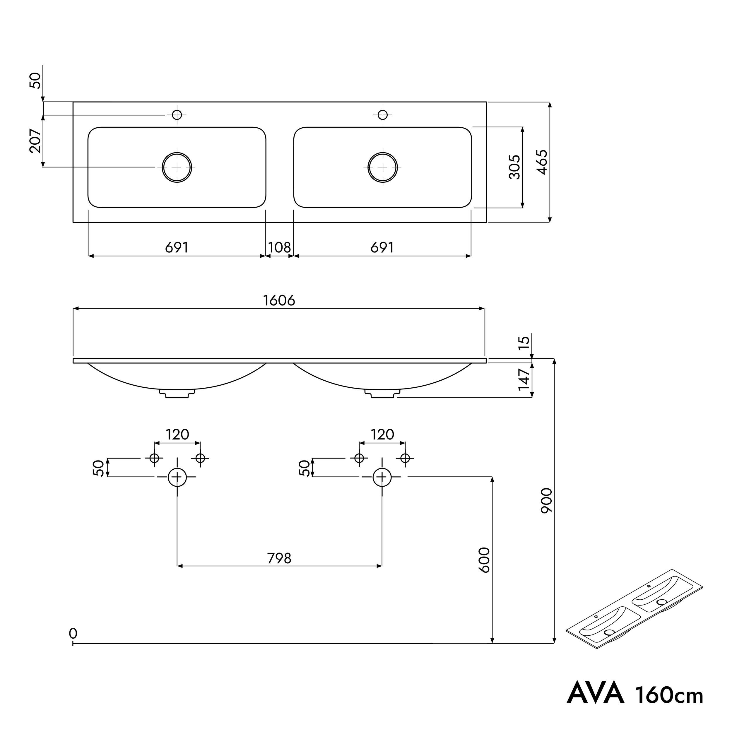 Móvel de toilette AVA 160 cm com lavatório de fundição mineral CREAM