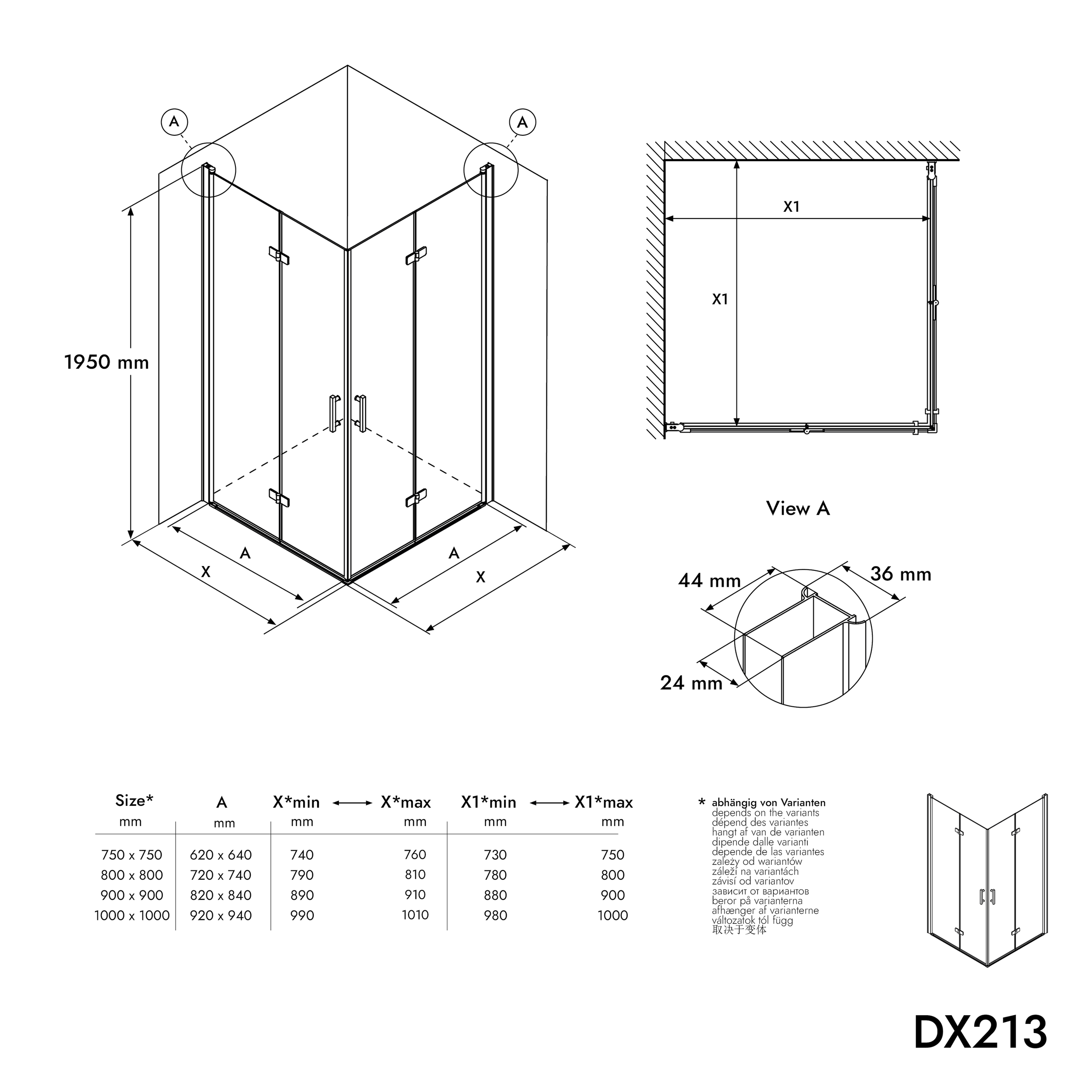 Duche de canto com portas bi-partidas DX213