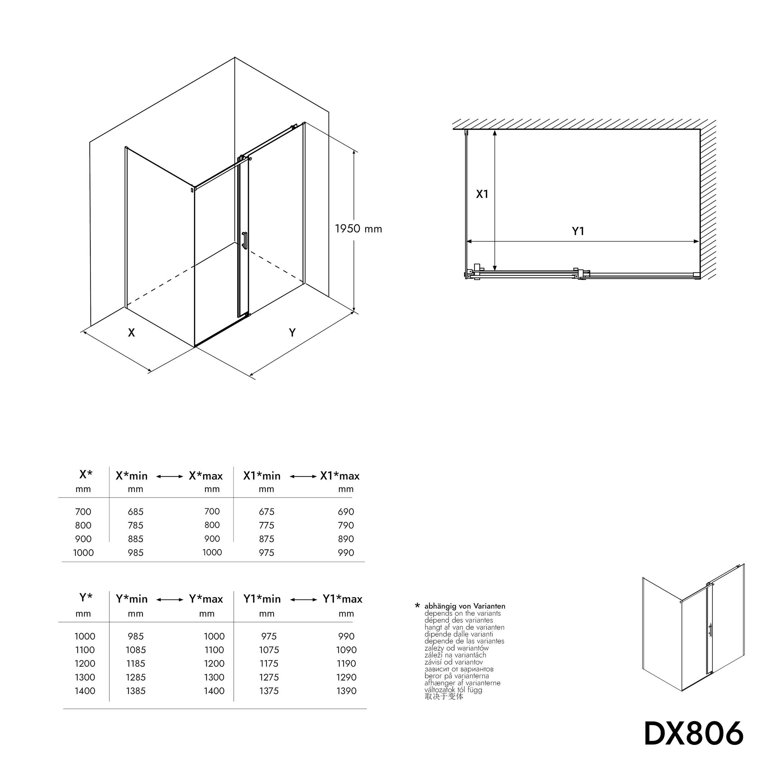 Porta de chuveiro deslizante e painel lateral DX806A FLEX