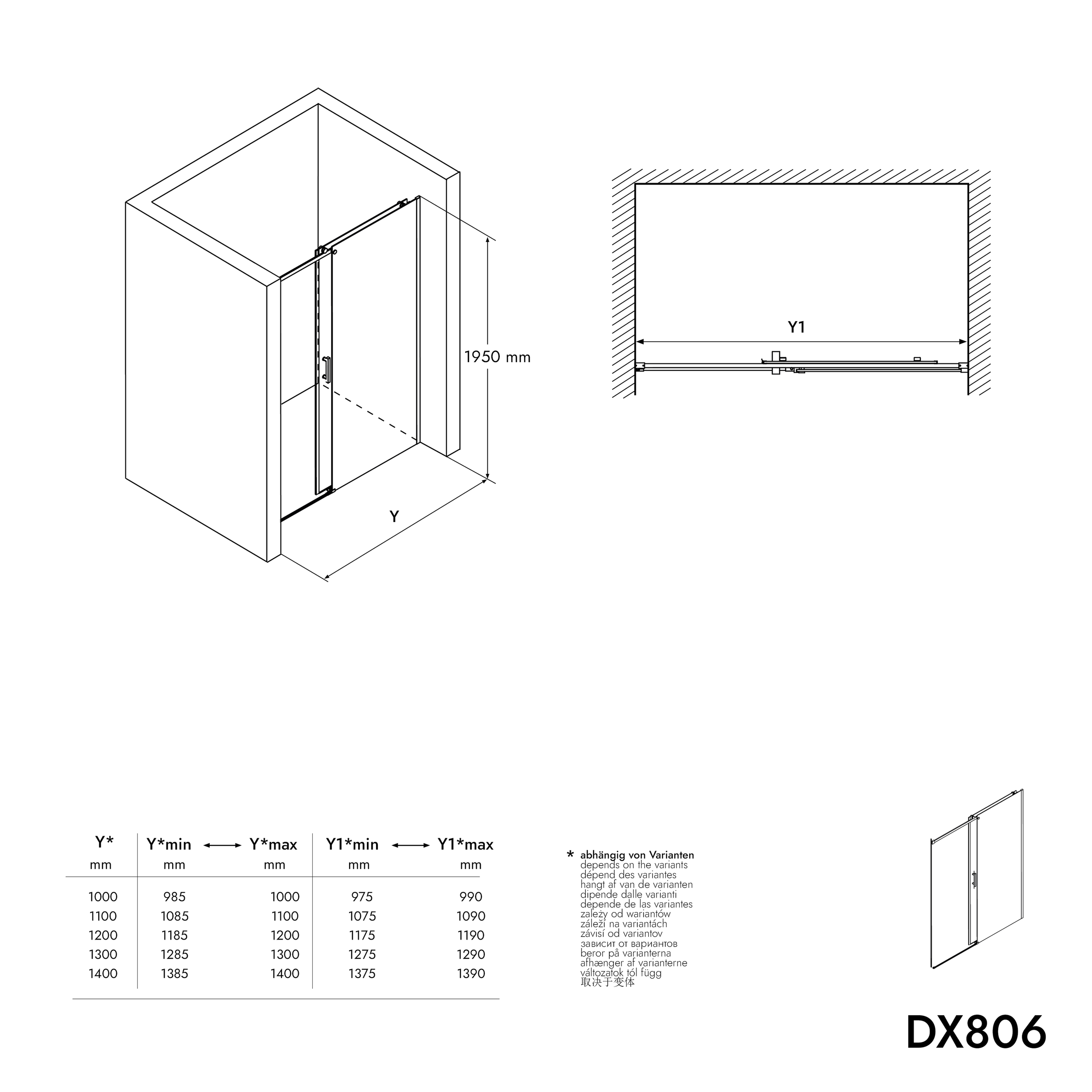 Divisória de duche com porta de correr DX806A FLEX - vidro de segurança transparente - largura selecionável