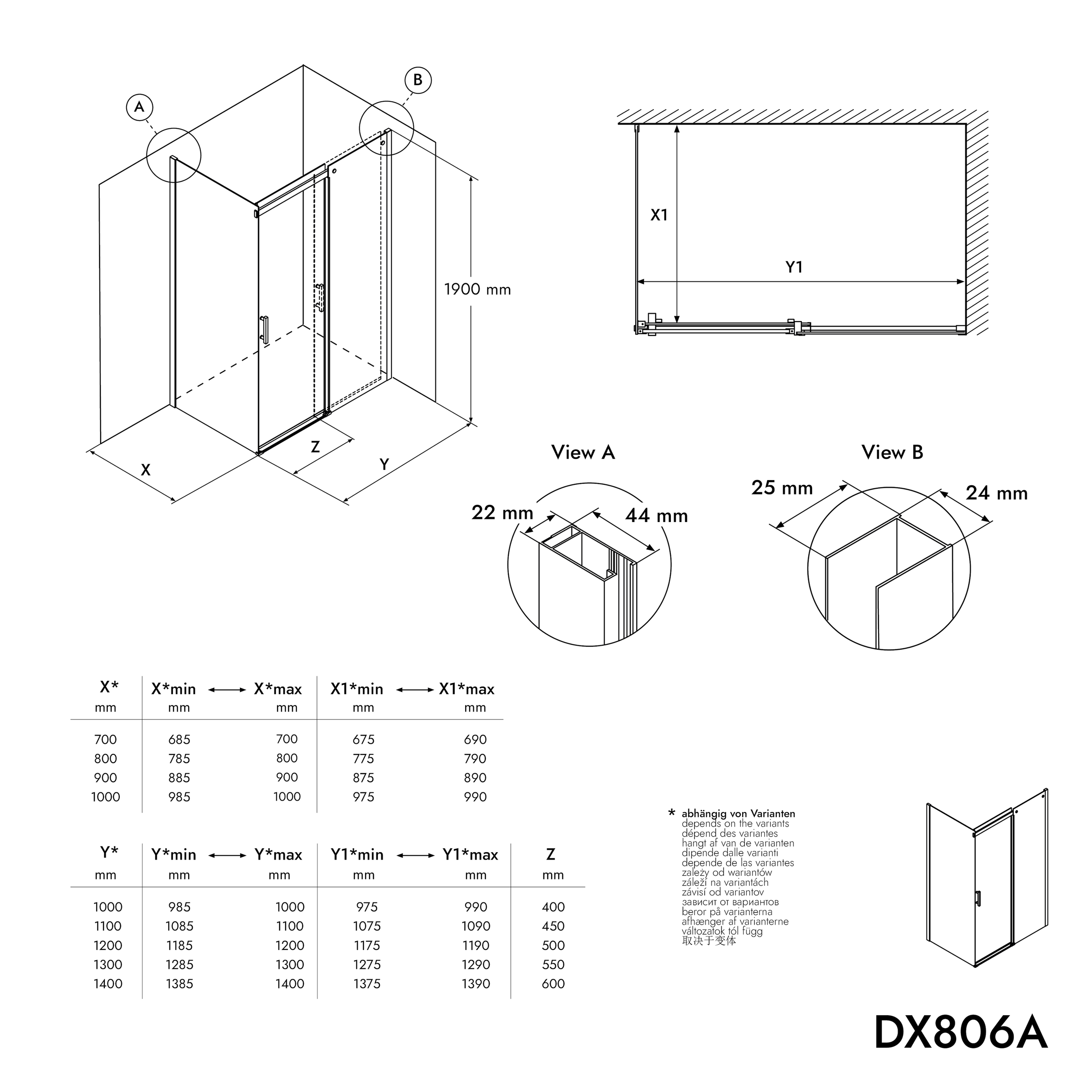 Porta de chuveiro deslizante e painel lateral DX806A FLEX