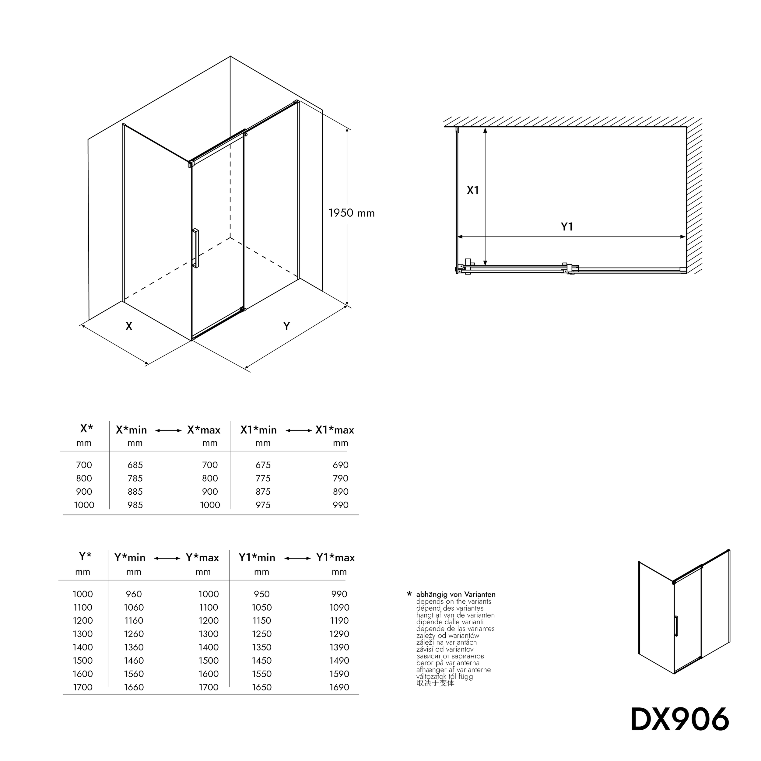 Chuveiro e painel lateral DX906 FLEX - Perfis em preto mate - 8 mm - dimensões seleccionáveis