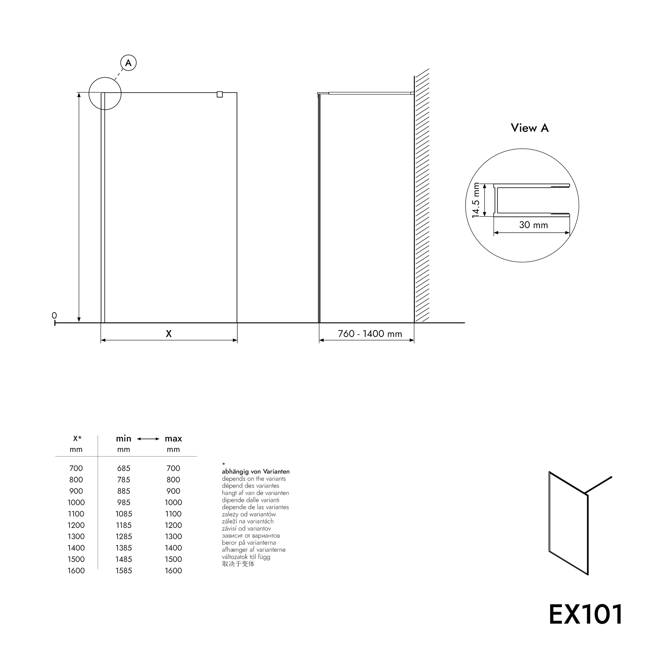 Divisória de duche EX101 Black - revestimento NANO - vidro temperado cinzento - 8 mm - disponível em diferentes tamanhos
