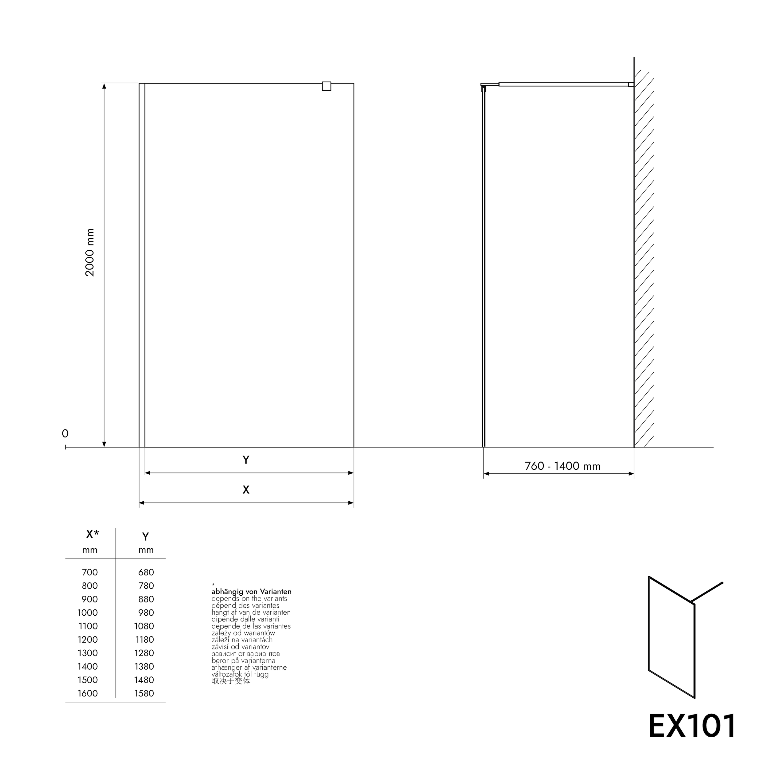 Divisória de duche Walk-In Nano real glass EX101 - vidro cinzento - largura selecionável