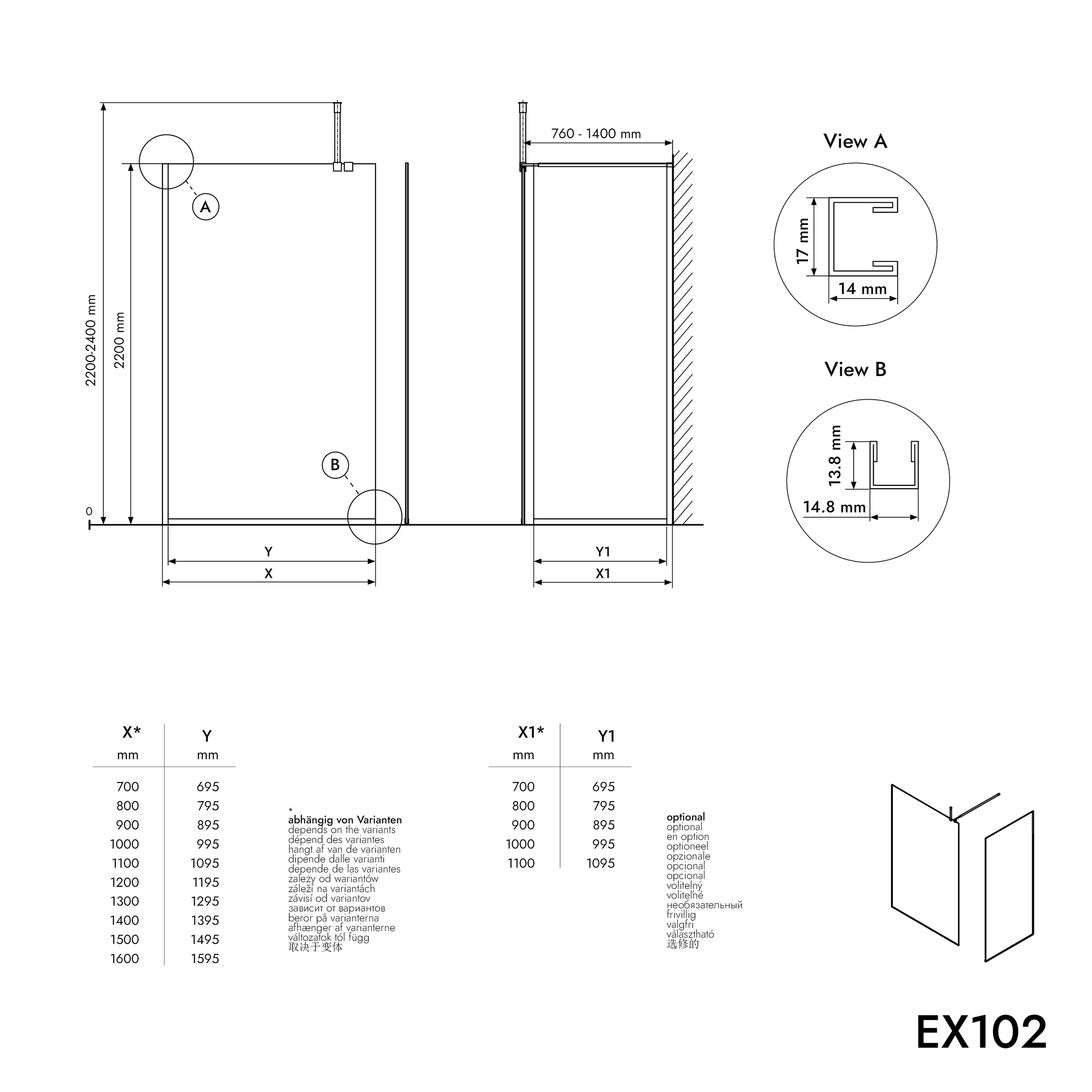 Cabina de duche Walk-in 10mm nano clear glass EX102 - 1 parede de vidro perfil em aço inoxidável cromado - largura selecionável