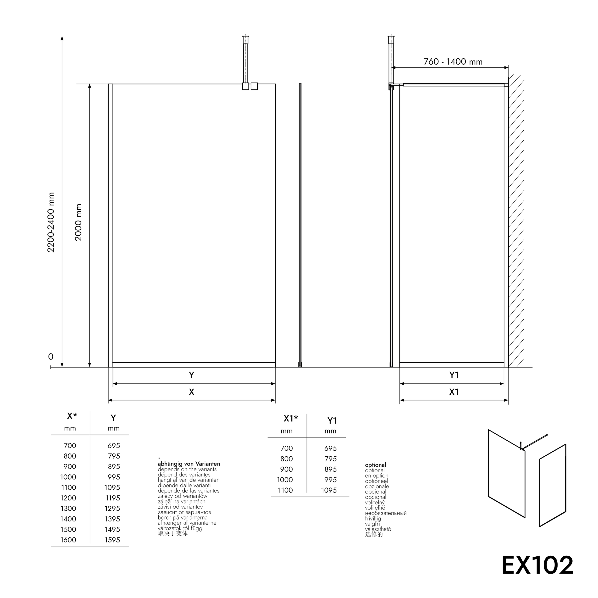 Cabina de duche Walk-in 10mm nano clear glass EX102 - 2 paredes de vidro perfil em aço inoxidável cromado - largura selecionável