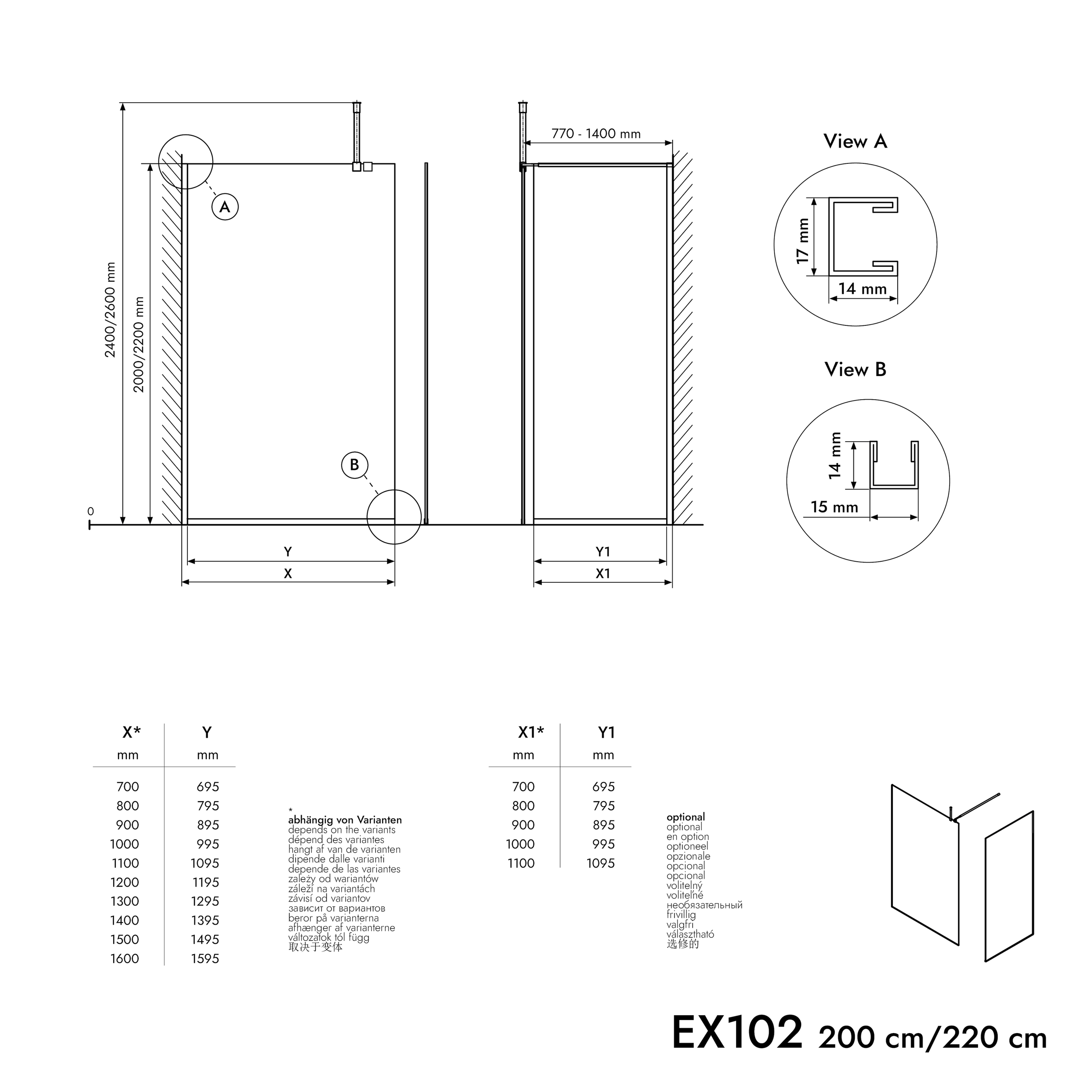 Cabina de duche Walk-in 10mm nano clear glass EX102 - 1 parede de vidro perfil em aço inoxidável cromado - largura selecionável