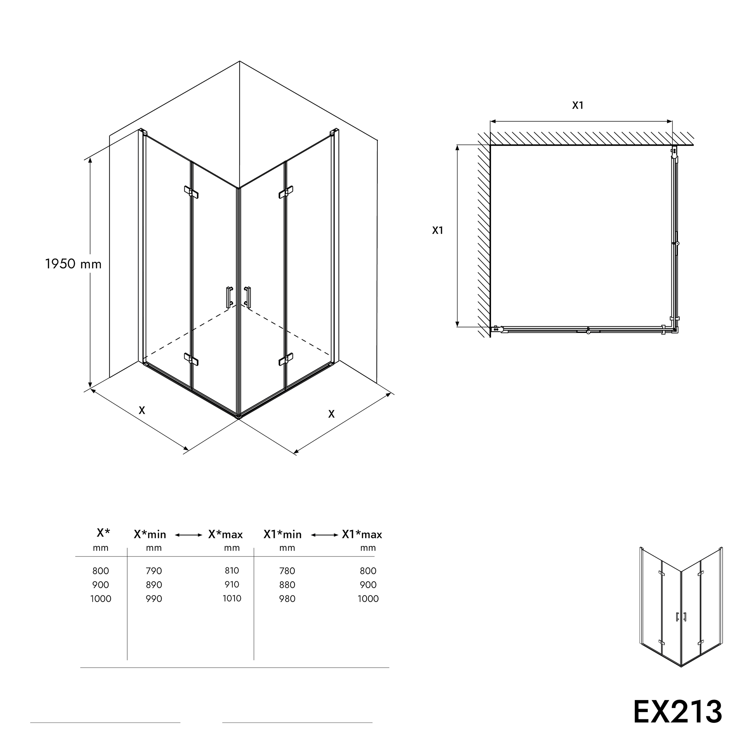Entrada no canto da cabina de duche EX213 - alçapão - 8 mm Vidro NANO Real - 100 x 100 x 195cm + base de duche