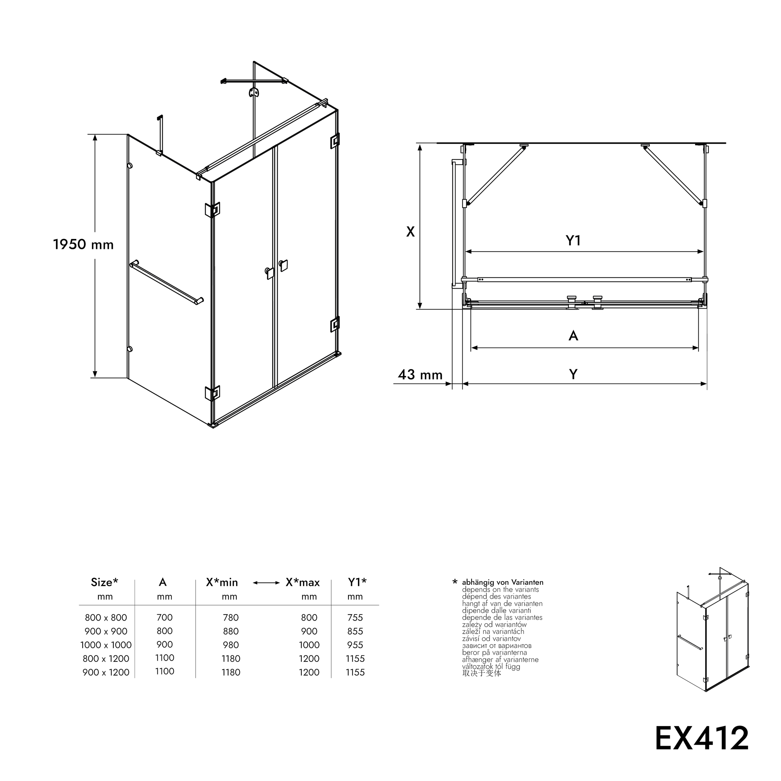 Divisória de duche em U EX412 incl. base de duche Base de duche